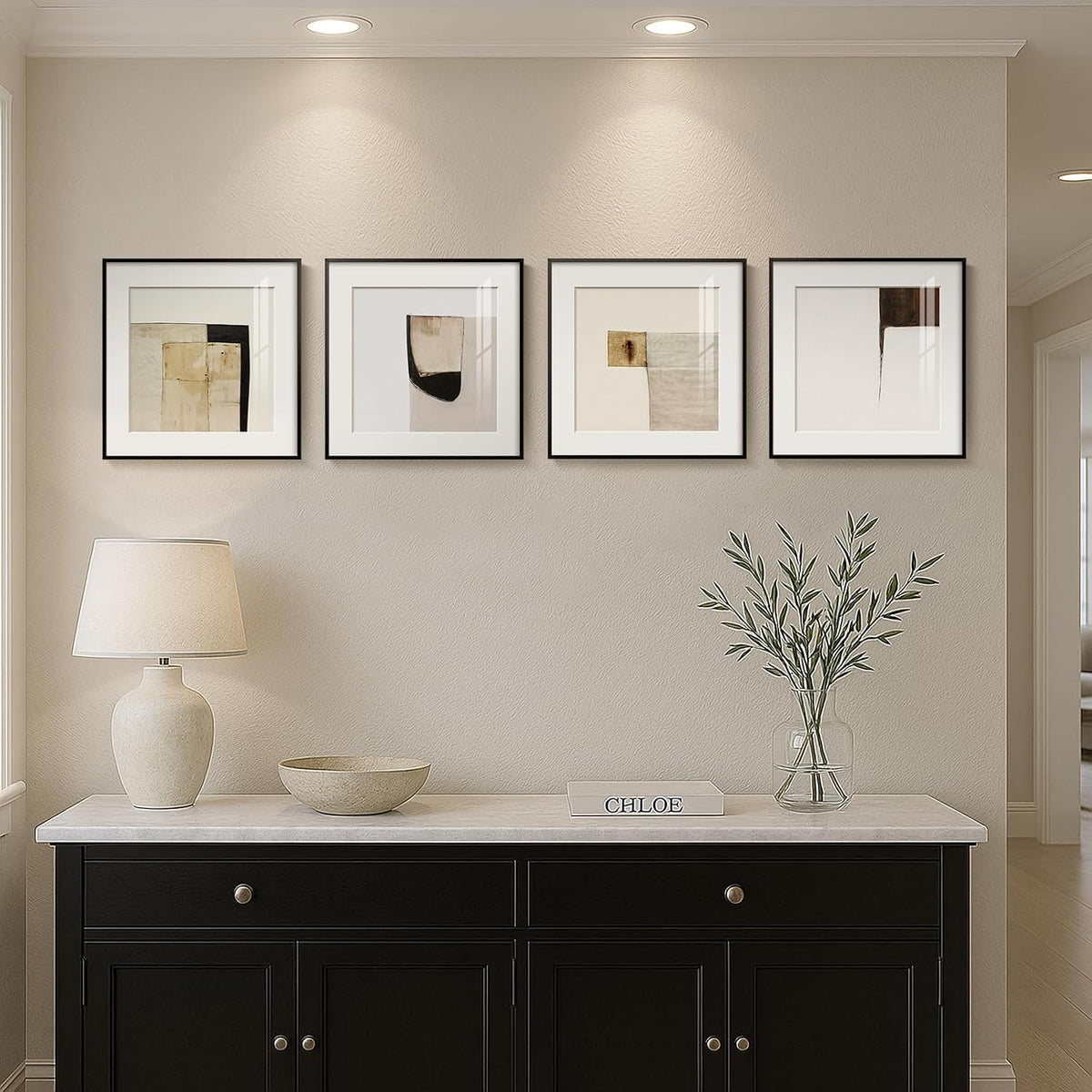 4 Piece Framed Neutral Abstract Modern Wall Art for Living Room, 12x12 In
