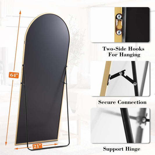 DUMOS 64"x21" Arched Full Length Floor Mirror, Full Body Mirror, Gold
