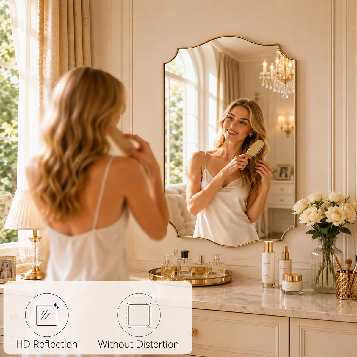 Gold Vanity Wall Mirror 30"x22", Scalloped Edge Bathroom Mirror