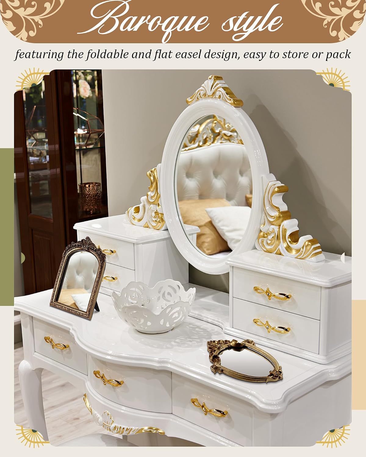 Wonderjune 3 Pcs Vintage Gold Wall Mirror Set, Classic Style