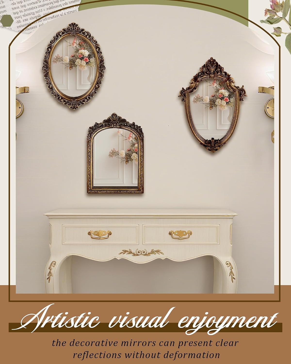Wonderjune 3 Pcs Vintage Gold Wall Mirror Set, Classic Style