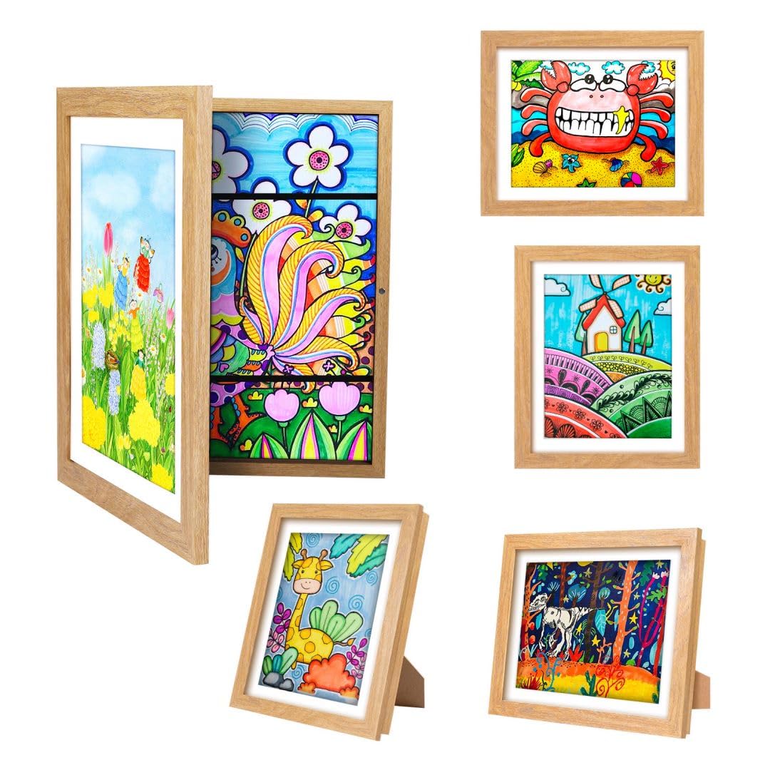[3-Pack Kids Artwork Frames Changeable - Front Opening Holds 150,Children Art Projects Kids Art Frames,10x12.5 Child Picture Frame for Display,With Storage(Wood)