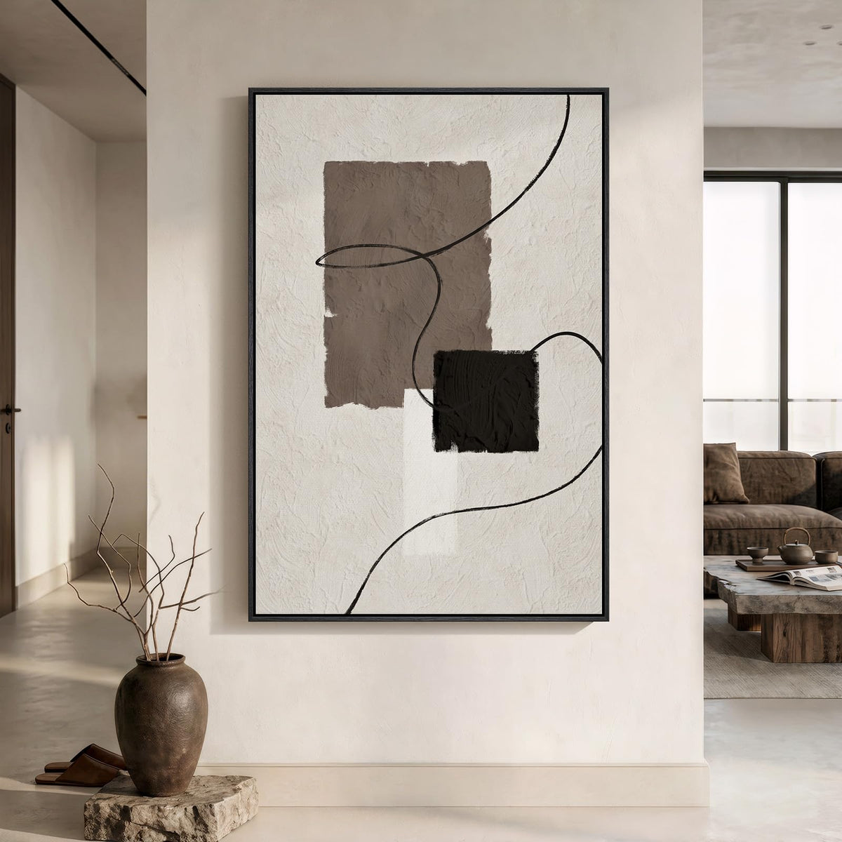 Extra Large Framed Brown Abstract Wall Art for Living Room, Vertical 40x60