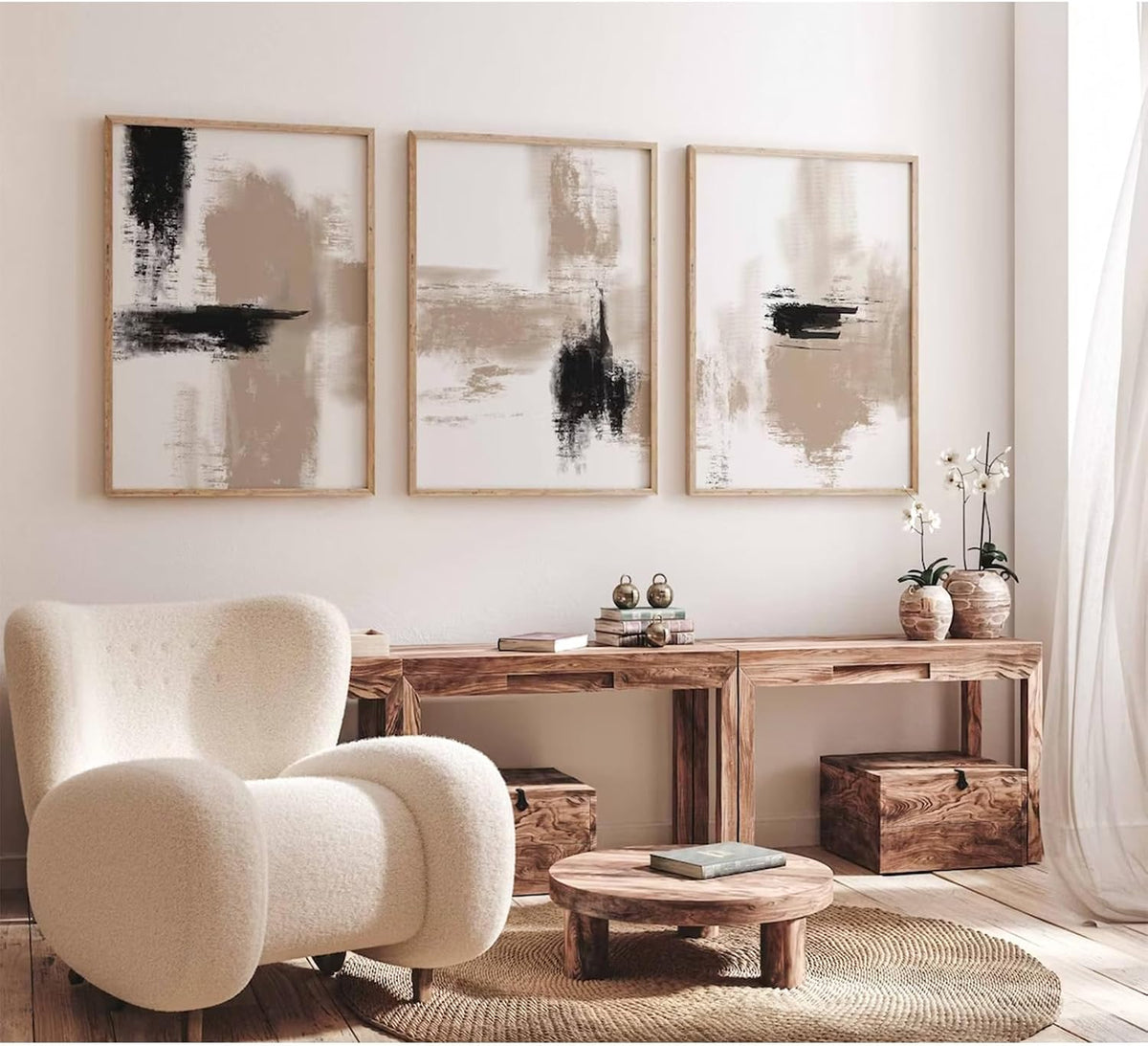 Joocrise Beige Abstract Wall Art Painting Set of 3 Neutral Canvas Wall Art Prints Black Beige Modern Wall Decor Minimalist Art Pictures Abstract Modern Artwork for Room Bedroom 16x24 Inch Unframed