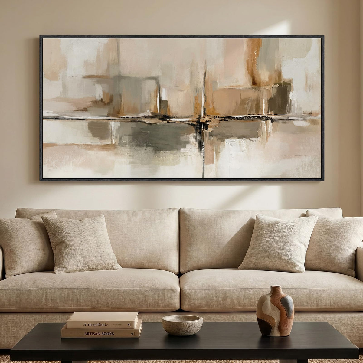 Large Framed Neutral Abstract Wall Art for Living Room, Horizontal 30x60 In