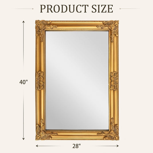 FICTOR Vintage Gold Wall Mirror 28 x 40 Inch, Antique Gold Baroque Mirror