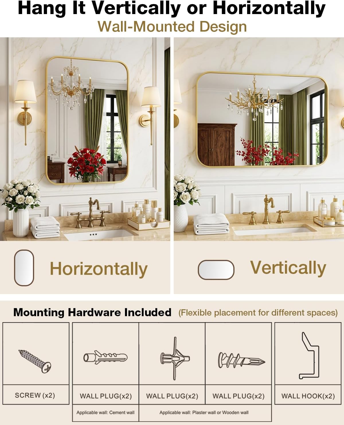 24"x36" Brushed Gold Bathroom Mirror, Rectangle Vanity Mirror for Over Sink