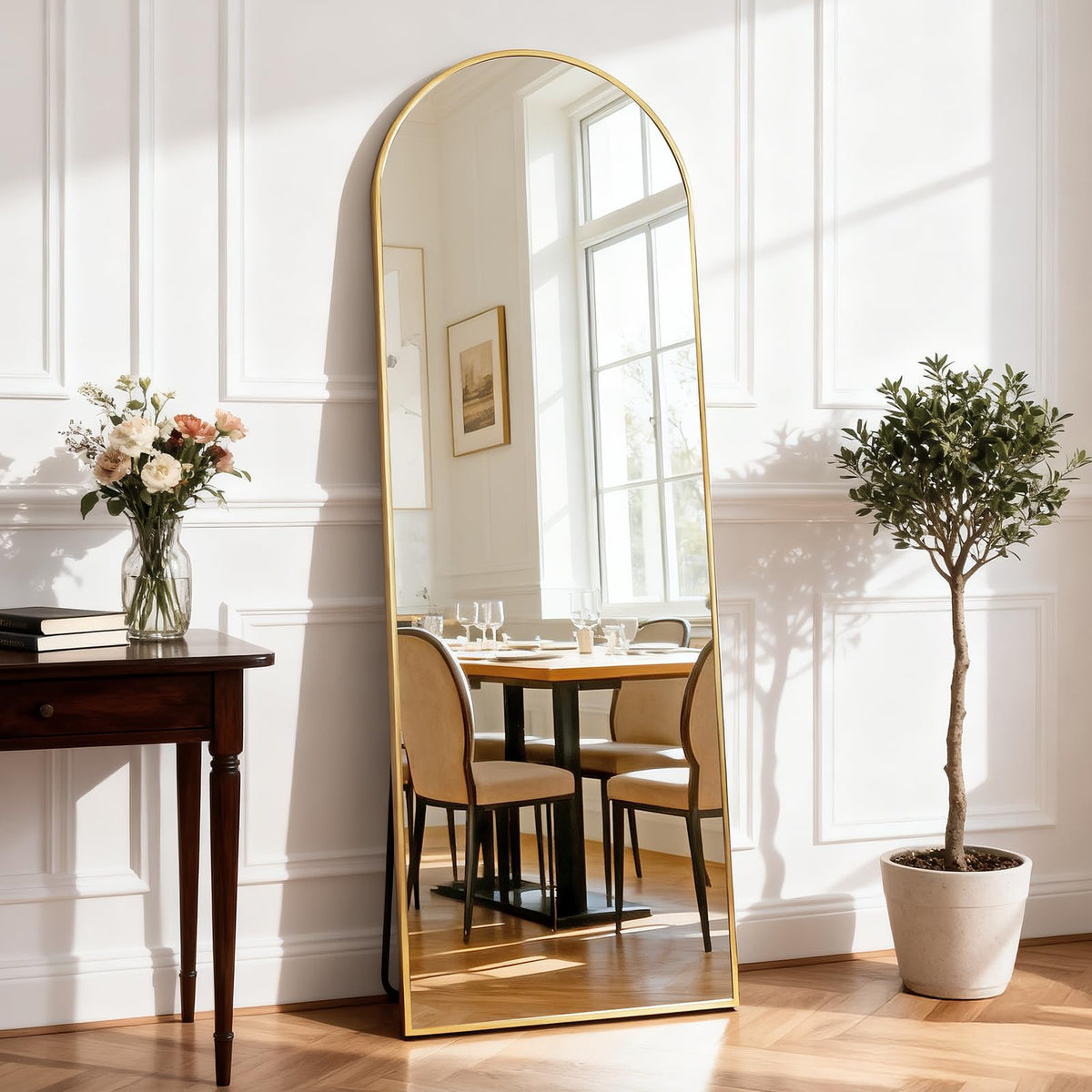 DUMOS 64"x21" Arched Full Length Floor Mirror, Full Body Mirror, Gold
