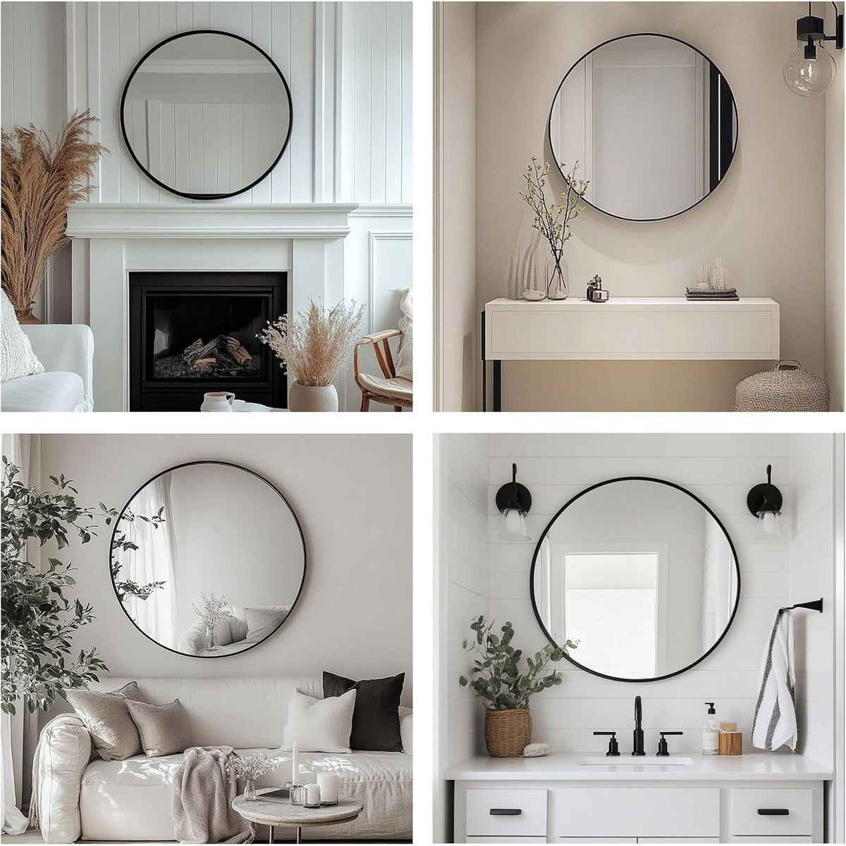 Oruii Round Mirror, 24 inch Black Circle Mirror, Matte Black Metal Frame