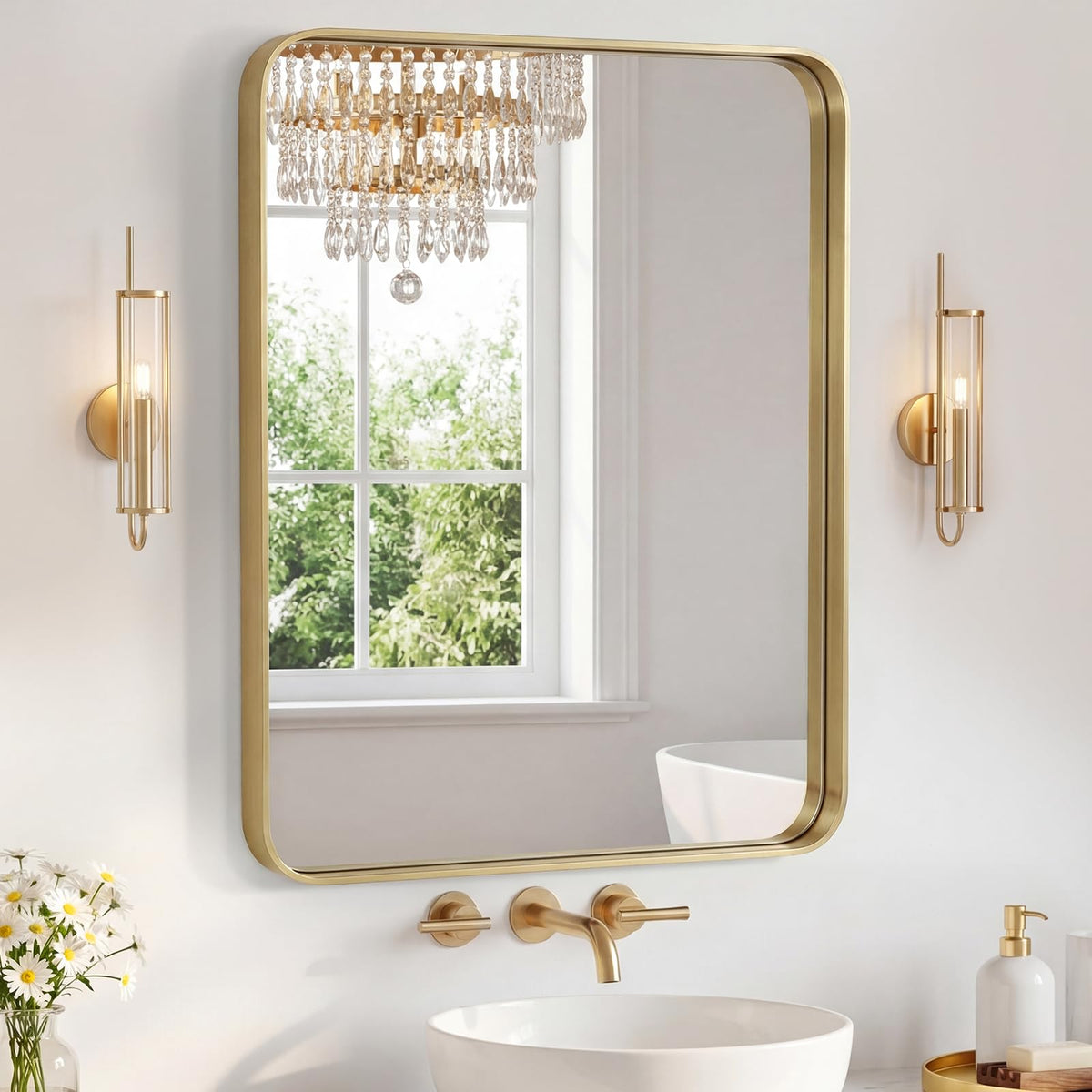 NEWBULIG 20X30 Inch Arched Bathroom Wall Mirror for Over Sink, Gold