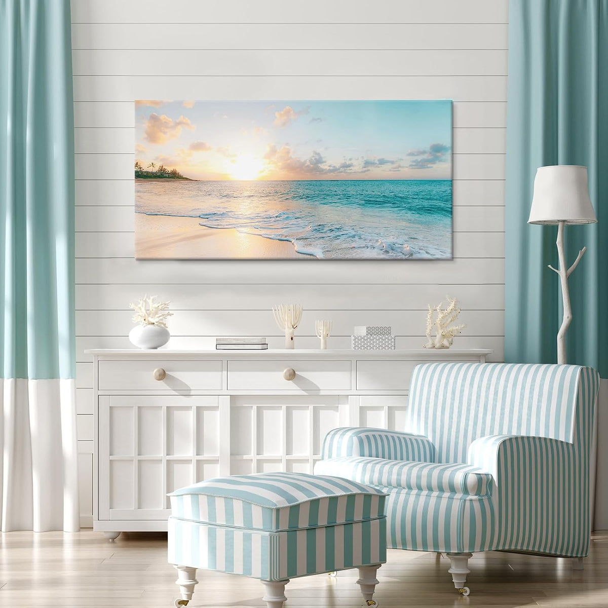 Goldfoilart Ocean Beach Sunset Canvas Wall Art for Bedroom Seascape Paintings Coastal Picture Framed Artwork for Bathroom Living Room Office Wall Decor 20" x 40"