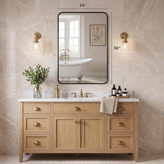 Sweetcrispy Bathroom Wall Mirror, 36x24 Inch Mirror for Over Sink, Black