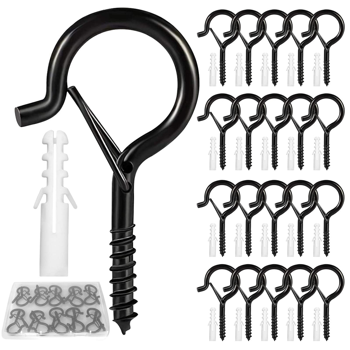 cyrico Hooks for Outdoor String Lights, 52 Pack Screw Hooks for Hanging Plants Led Party Lights Garage Wind Chimes, Black Heavy Duty Q Hanger Ceiling with Safety Buckle, Box and Wing Nut Driver