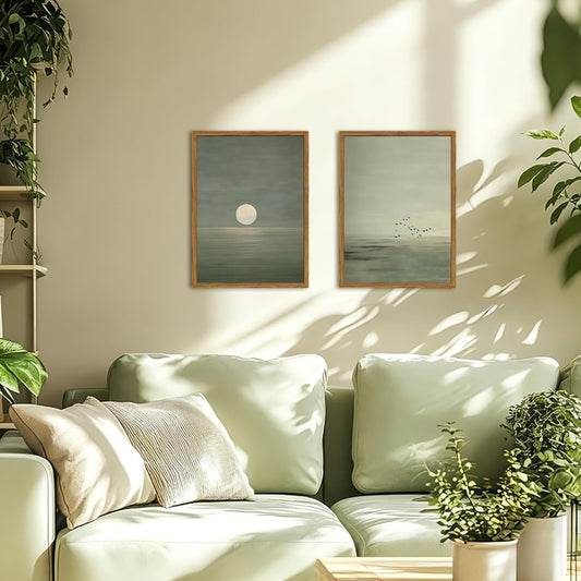 Framed Sage Green Japanese Canvas Wall Art Set of 2, Minimalist Moon and Birds Pictures Wall Decor, Neutral Landscape Artwork Paintings Prints Zen Home Decor for Living Room Bedroom Office 12x16 inch