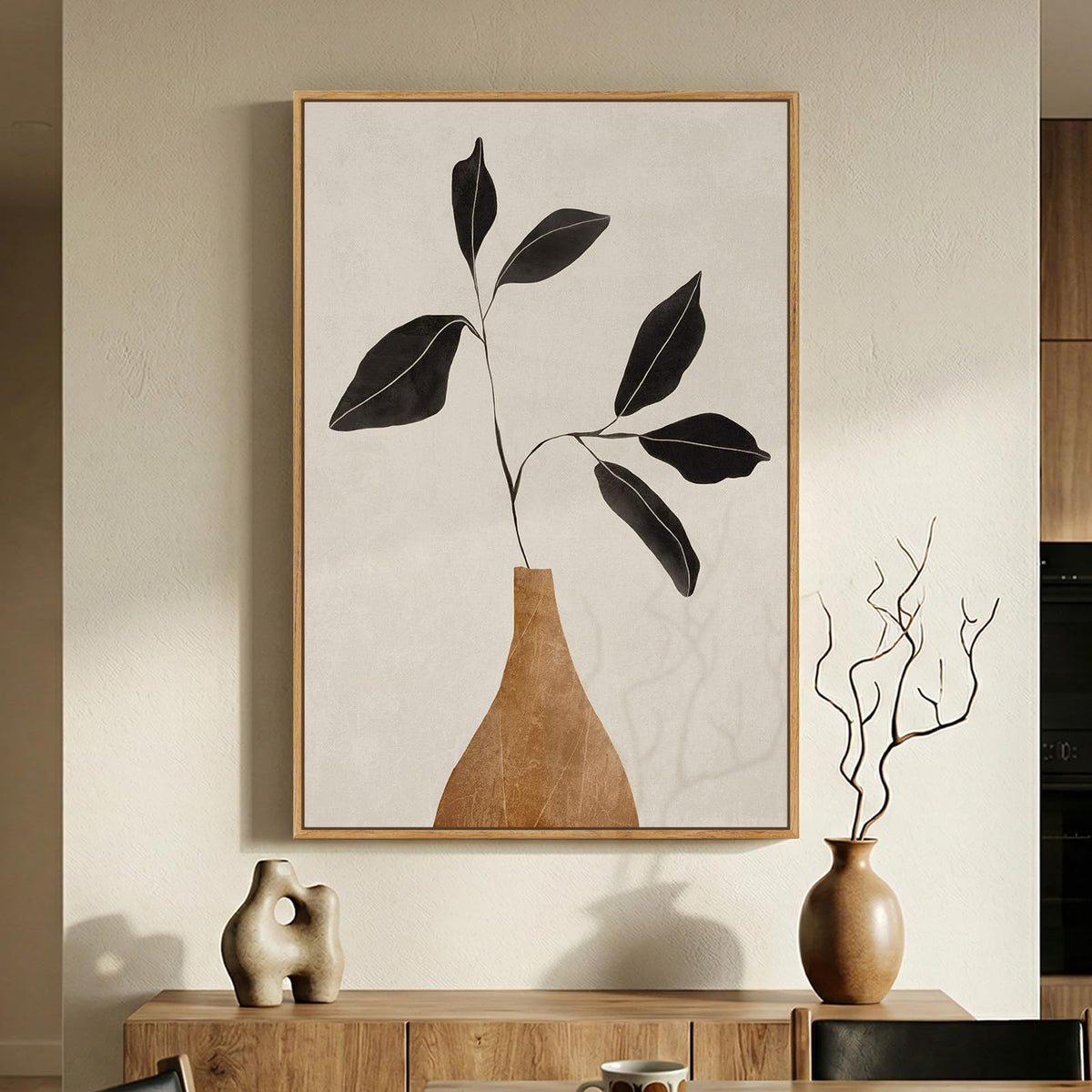 Large Framed Boho Abstract Brown Floral Wall Art for Living Room, 24x36 In