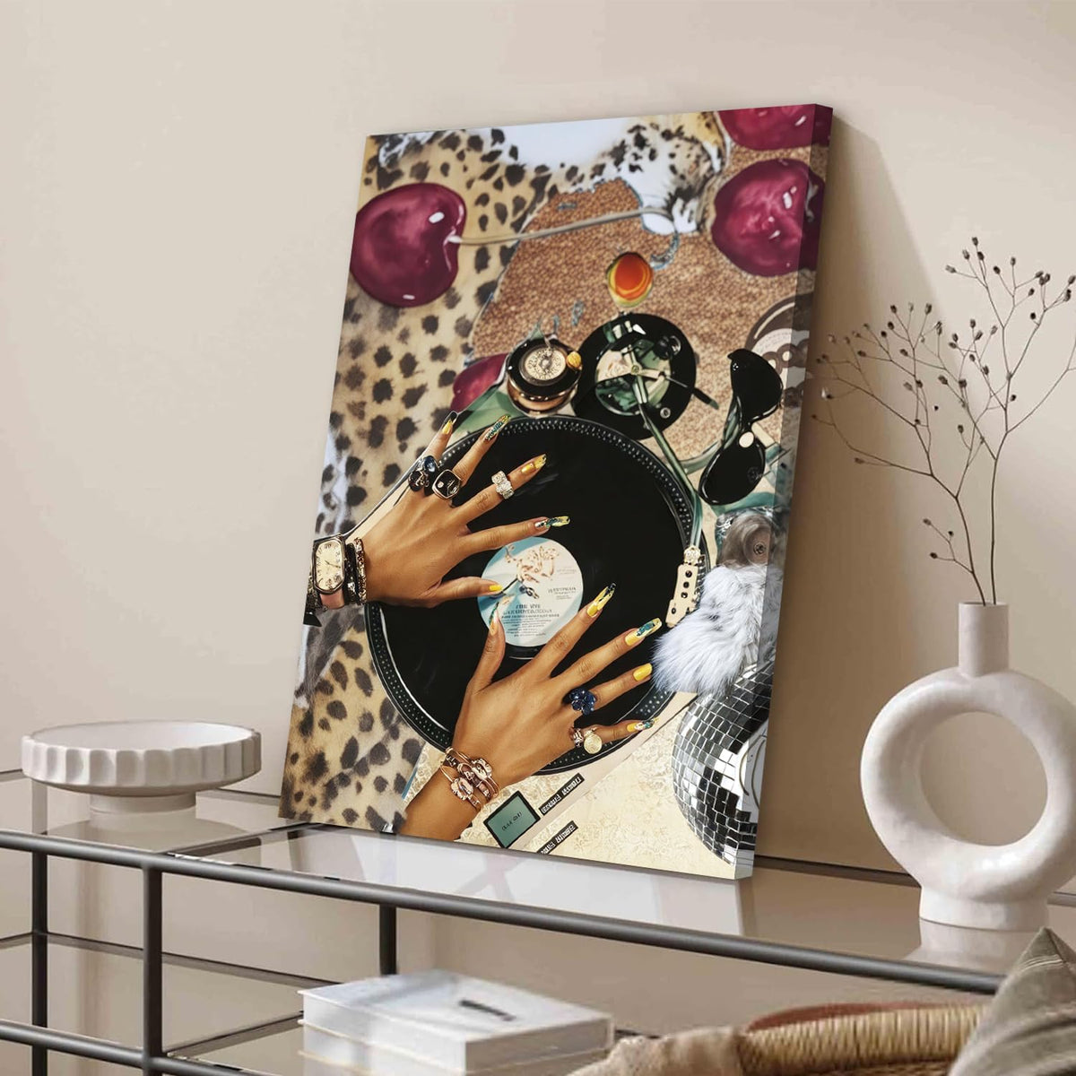 Fashion Cheetah Wall Art Set of 3 Leopard Wall Decor Pictures Lucky 8 Ball Poster Canvas Painting Prints Dark Red Cheetah Artwork for Bedroom Living Room Framed 16x24 inch