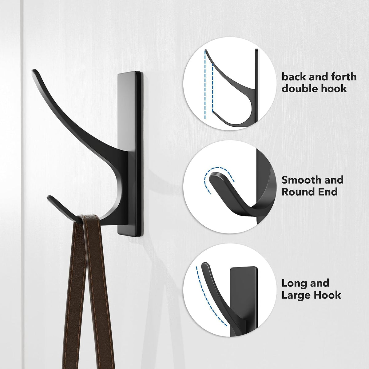 pickpiff Matt Black Self-Adhesive Hook, 13LB Hanger for Coat/Towel, 4-Pack
