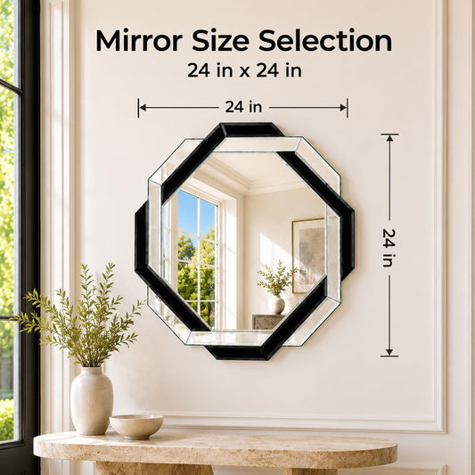 Black Bathroom Mirror-24”X24” Wall Mirrors Decorative, Beveled Edge Frameless Mirror for Wall Bathroom, Vanity Room, Bedroom, Living Room and Enterway