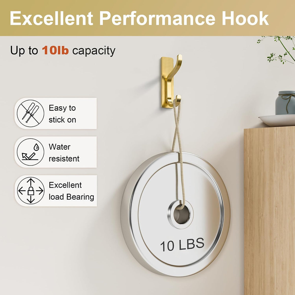 Adhesive Wall Hooks for Towel/Coat,13Lb Strong Stick-On Hooks, Gold 4 Pack