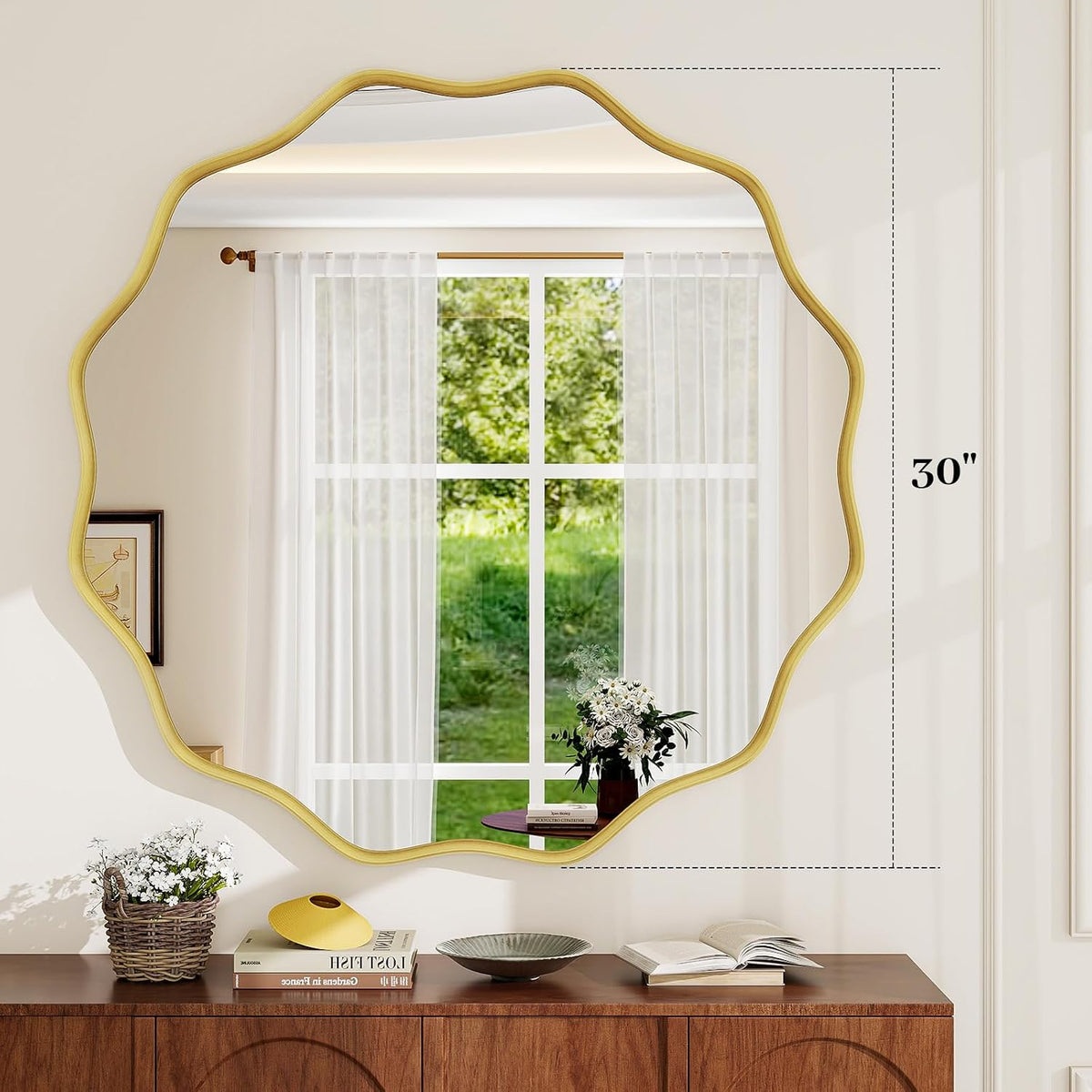 Wavy Round Mirror, 30" Scalloped Metal Frame Gold Circle Mirror