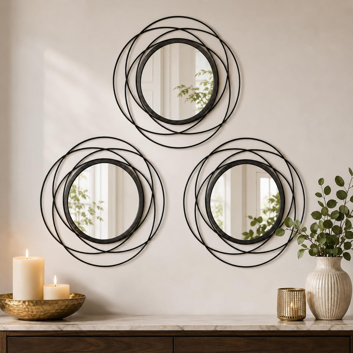 Boho Sunburst Wall Mirror Set of 3, 12 Inch Round Antique & Modern Metal Wall Art, Hanging Over The Door Mirrors for Wall Decor in Living Room, Bedroom, Bathroom, Entryway（Gold）