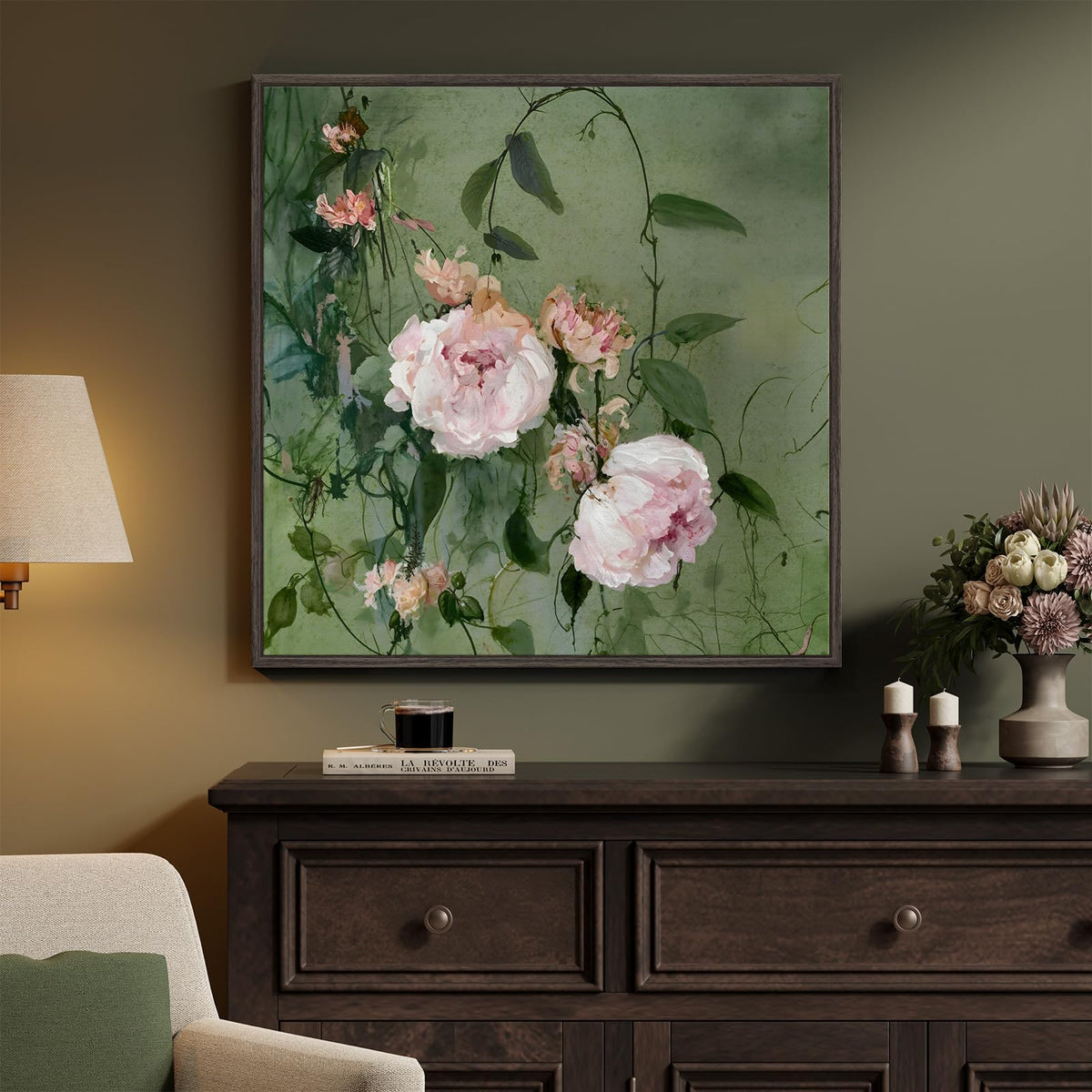 Framed Vintage Neutral Rustic Botanical Bird Chinoiserie wall art, 24x36 In