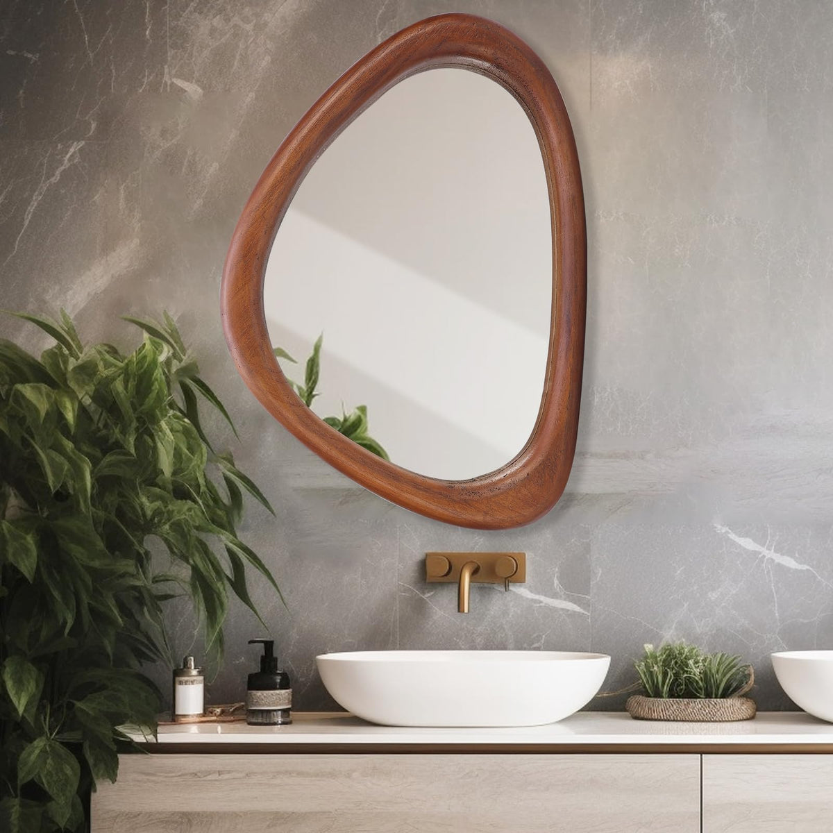Irregular Wall Mirror, 15*10in Asymmetrical Wood Mirrors, Small Wall Mirror