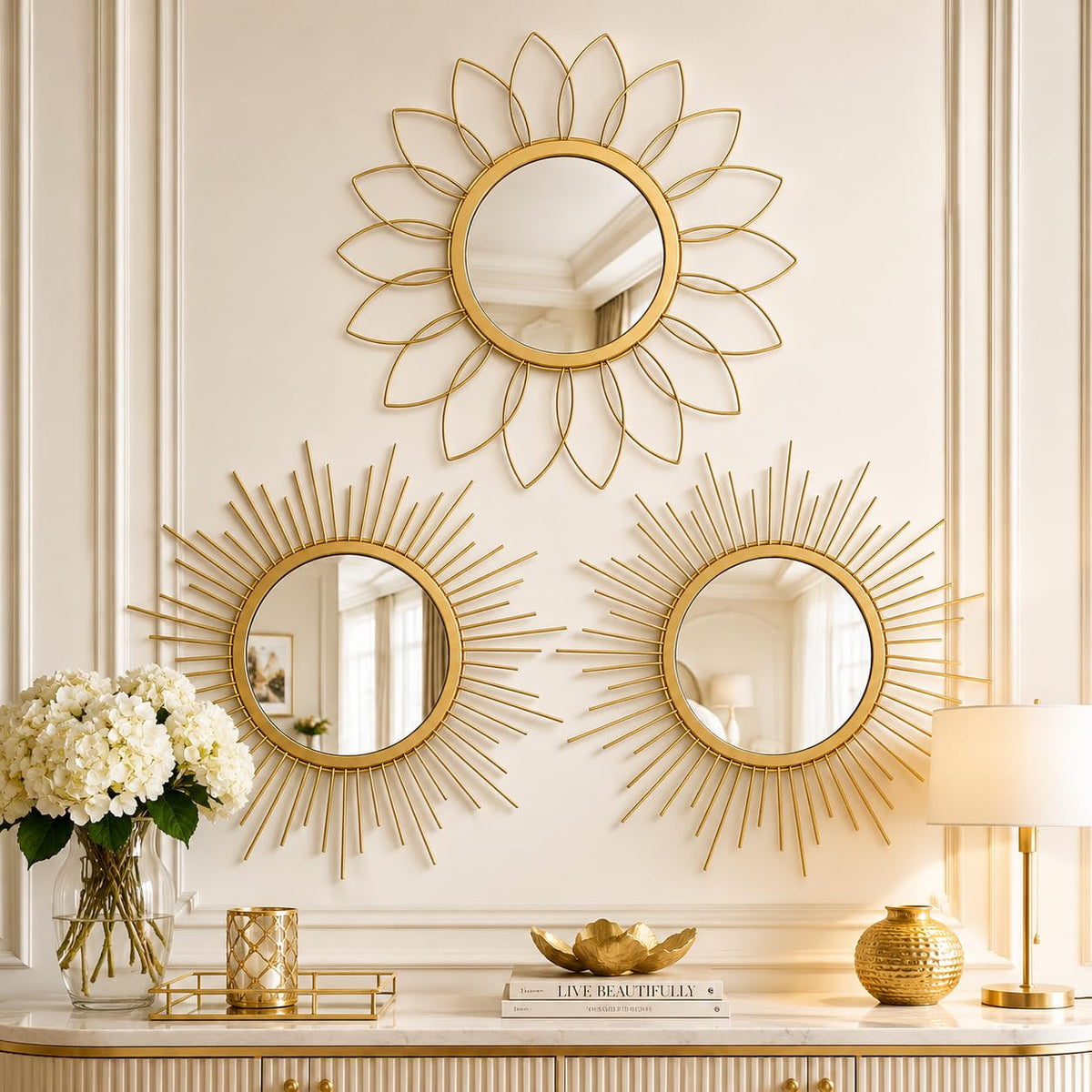 Boho Sunburst Wall Mirror Set of 3, 12 Inch Round Antique & Modern Metal Wall Art, Hanging Over The Door Mirrors for Wall Decor in Living Room, Bedroom, Bathroom, Entryway（Gold）