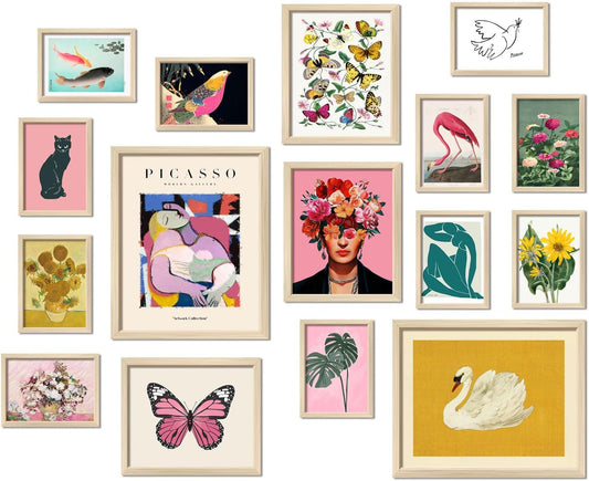 16 PCS Framed Eclectic Wall Art Decor, Modern Maximalist Home Gallery Wall Frame Set Prints for Bedroom Bathroom, Posters for Living Room Aesthetic, Colorful Dorm Artwork Collage Kit Pictures