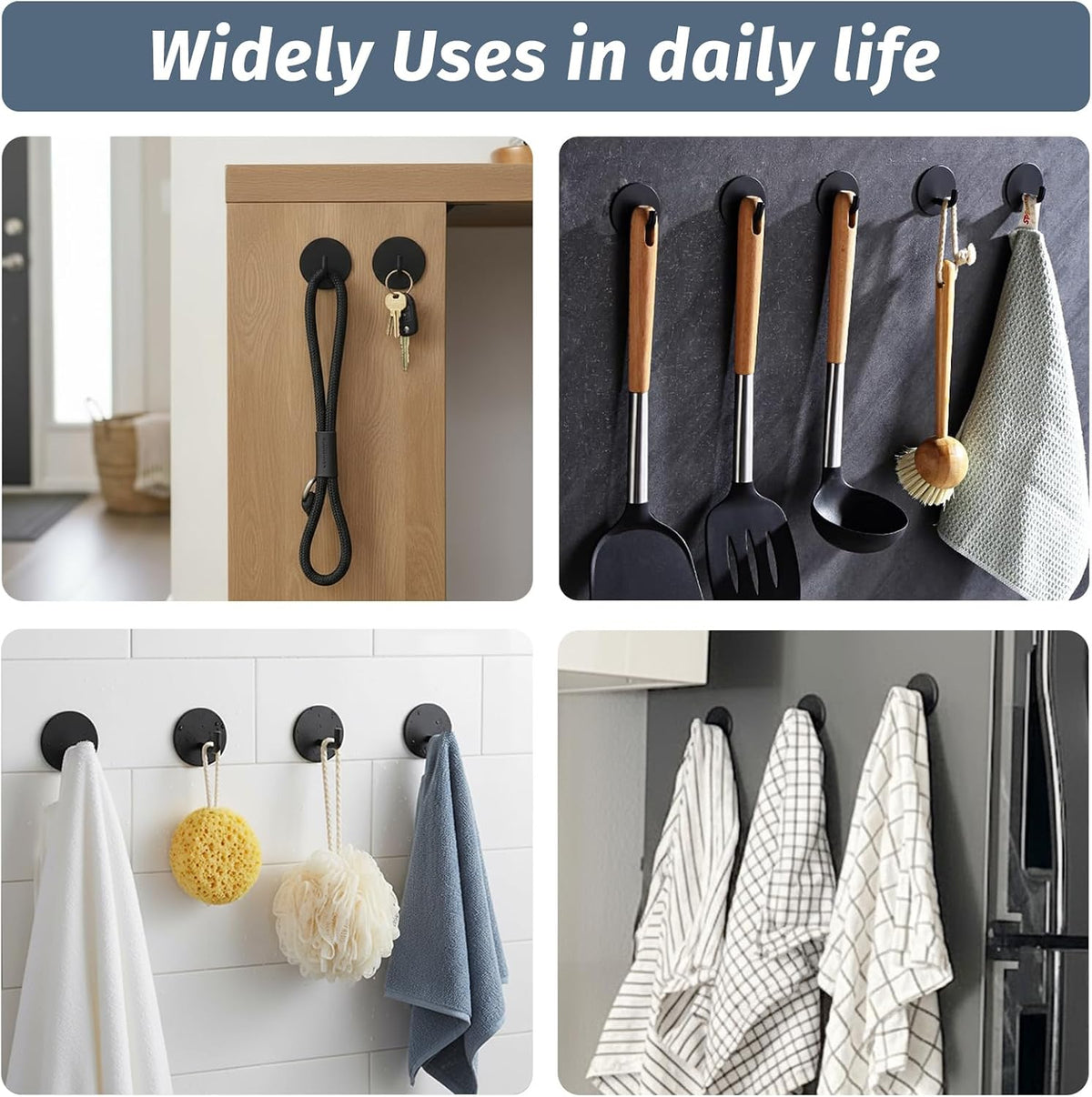 Rise age Adhesive Hooks Heavy Duty Waterproof in Shower Hooks for Hanging Loofah, Towels, Clothes, Robes for Bathroom Removable Adhesive Wall Hooks Door Hook Stainless Steel Black Stick on Hooks 4 Pcs