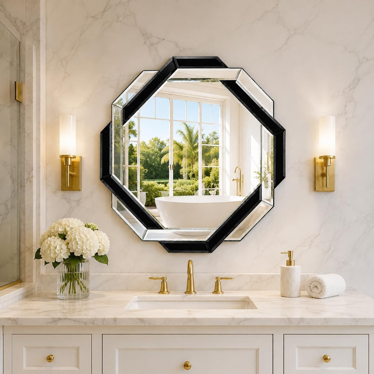 Black Bathroom Mirror-24”X24” Wall Mirrors Decorative, Beveled Edge Frameless Mirror for Wall Bathroom, Vanity Room, Bedroom, Living Room and Enterway