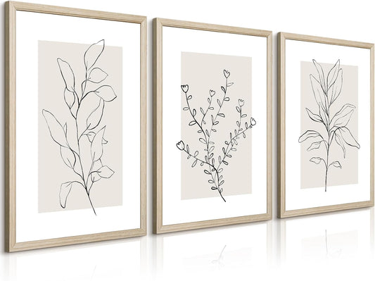 Neutral Botanical Prints Wall Art Decor Plant Minimalist Canvas Pictures Vintage Beige Wall Art Modern Farmhouse Line Poster Boho Abstract Painting Artwork for Bedroom 12x16 Inch Framed Set of 3