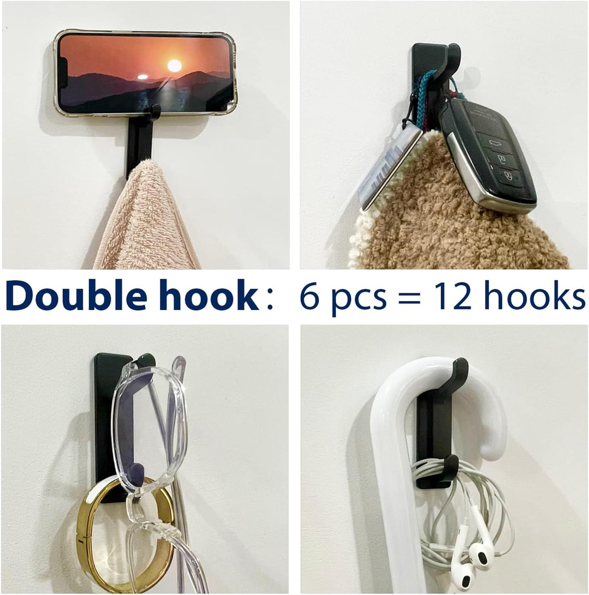 pickpiff 13LB Strong Stick-on Hooks for Coat & Towel, Black 6 Pack