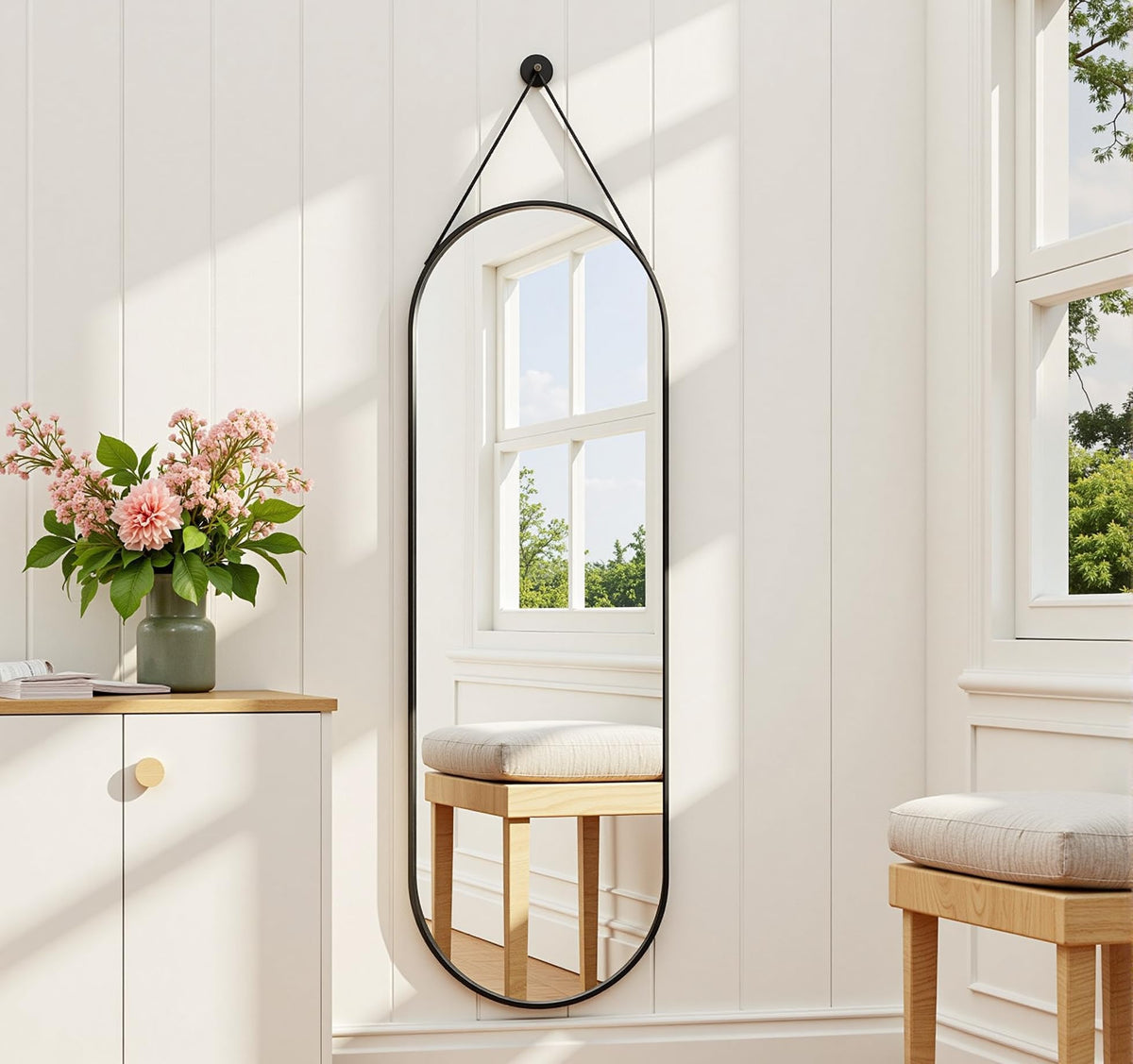 Dewfig 48"x16" Full Length Mirror, Oval Wall Mirror, Leather Strap, Gold