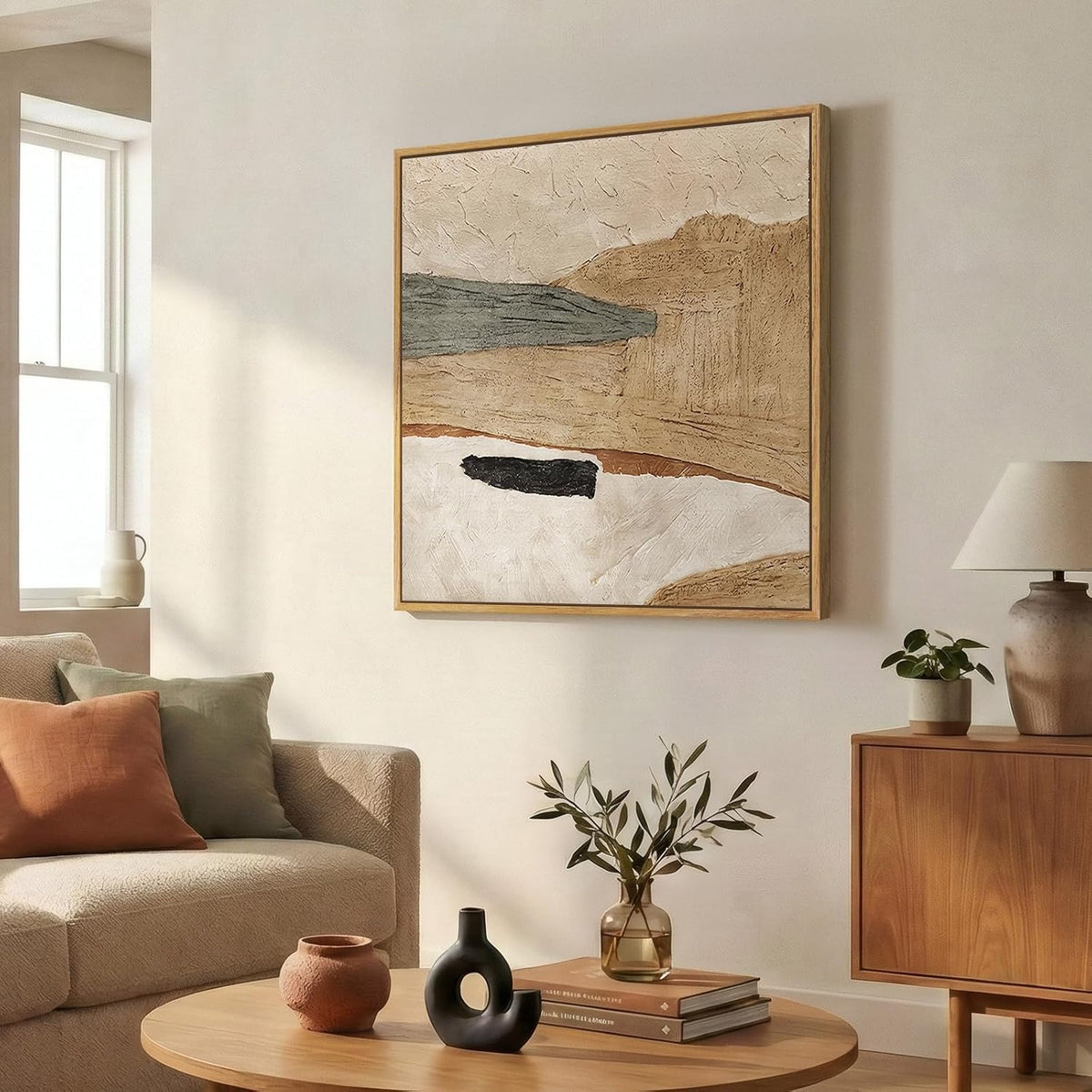 Framed Neutral Organic Abstract Canvas Wall Art for Dining Room, 30x30 Inch
