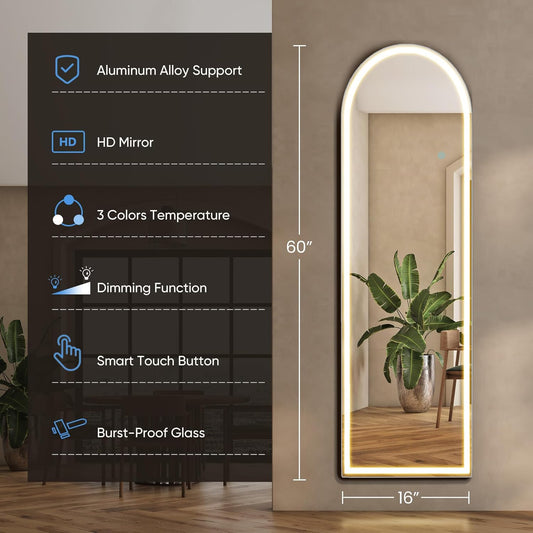 DUMOS Arched LED Mirror Full Length Standing, 16"x60" Full Body Wall Mirror