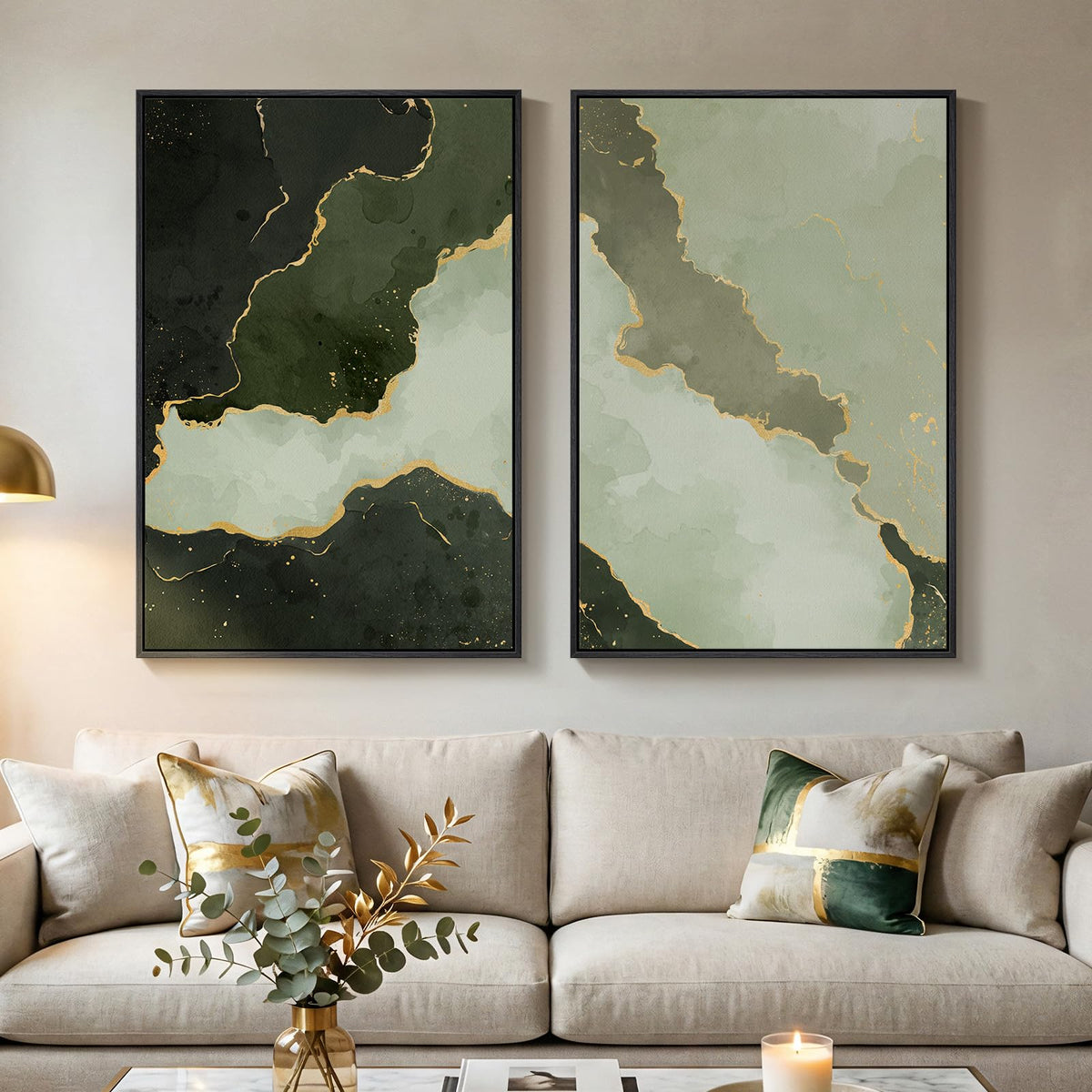 Large Framed Green Abstract Wall Art for Living Room Set of 2, 24x36 In