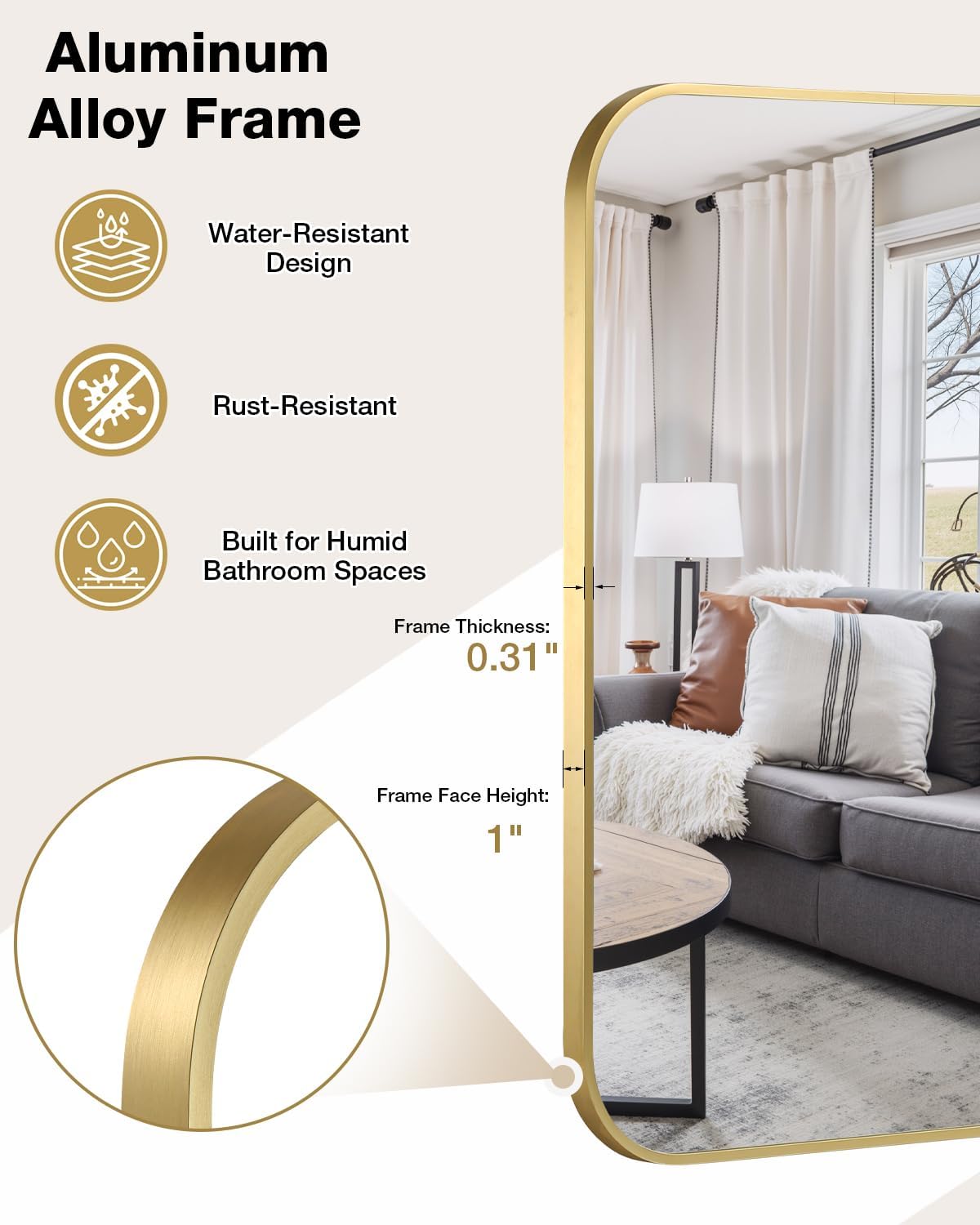 24"x36" Brushed Gold Bathroom Mirror, Rectangle Vanity Mirror for Over Sink
