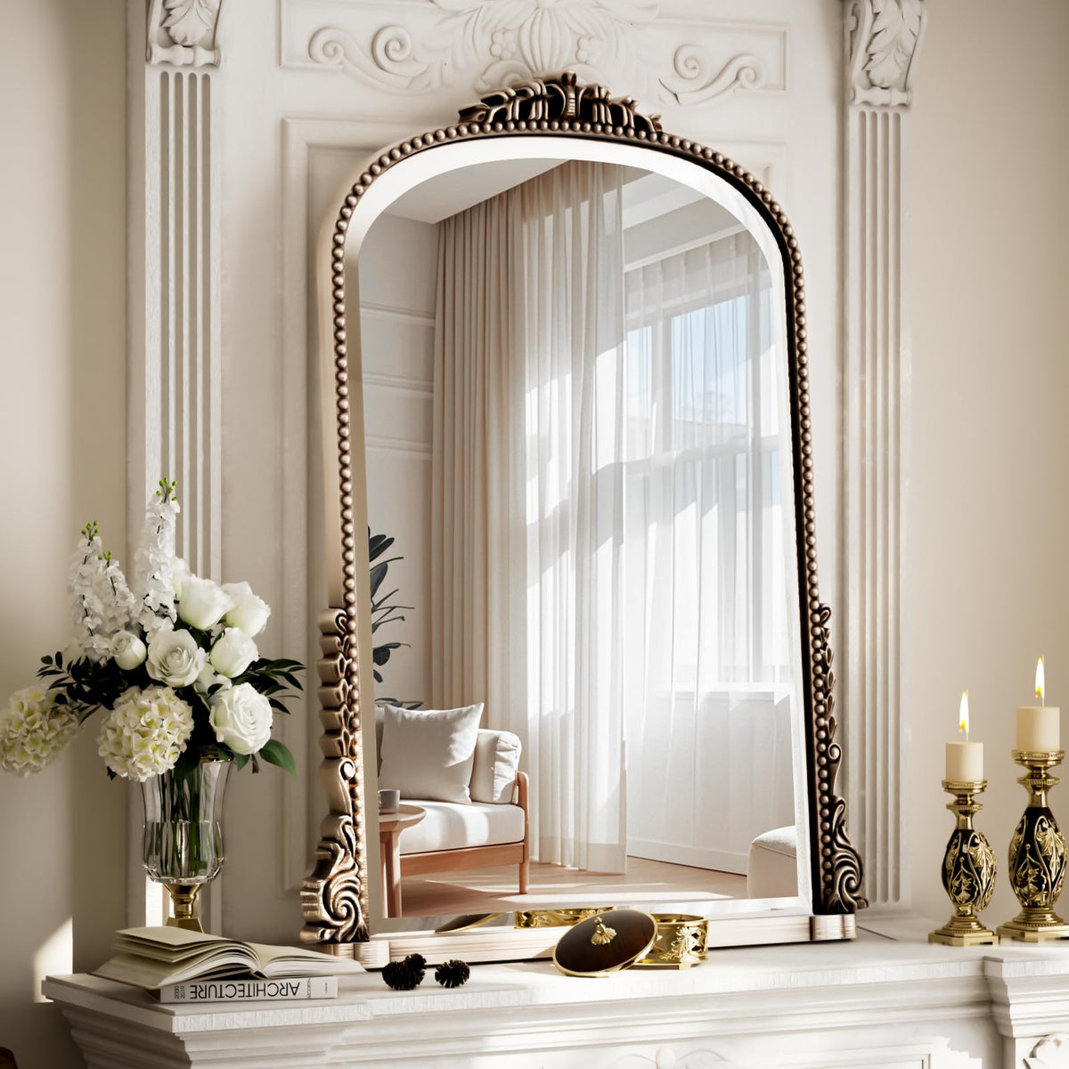 24"×32" Gold Arched Wall Mirror with Vintage Carving