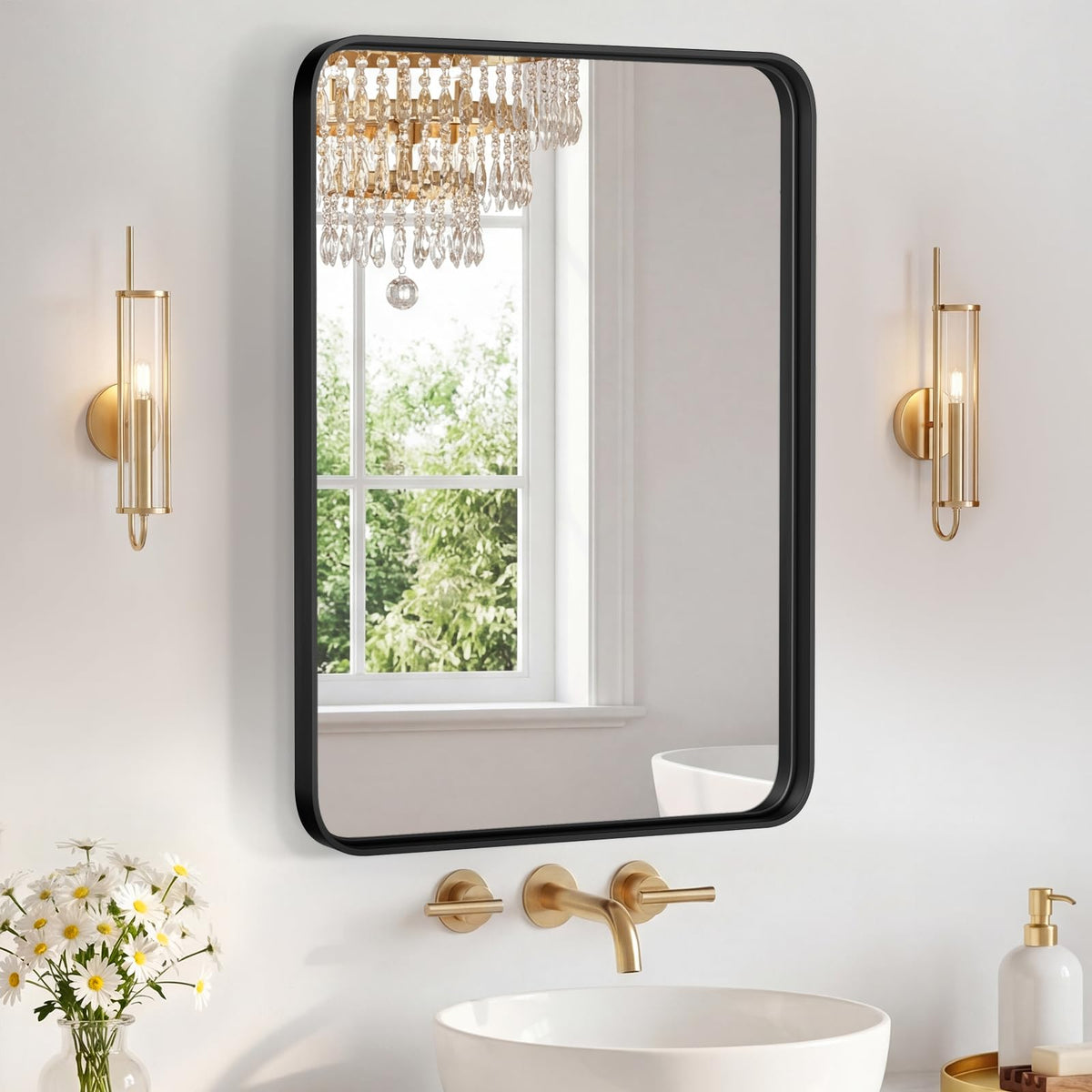 NEWBULIG 20X30 Inch Arched Bathroom Wall Mirror for Over Sink, Gold