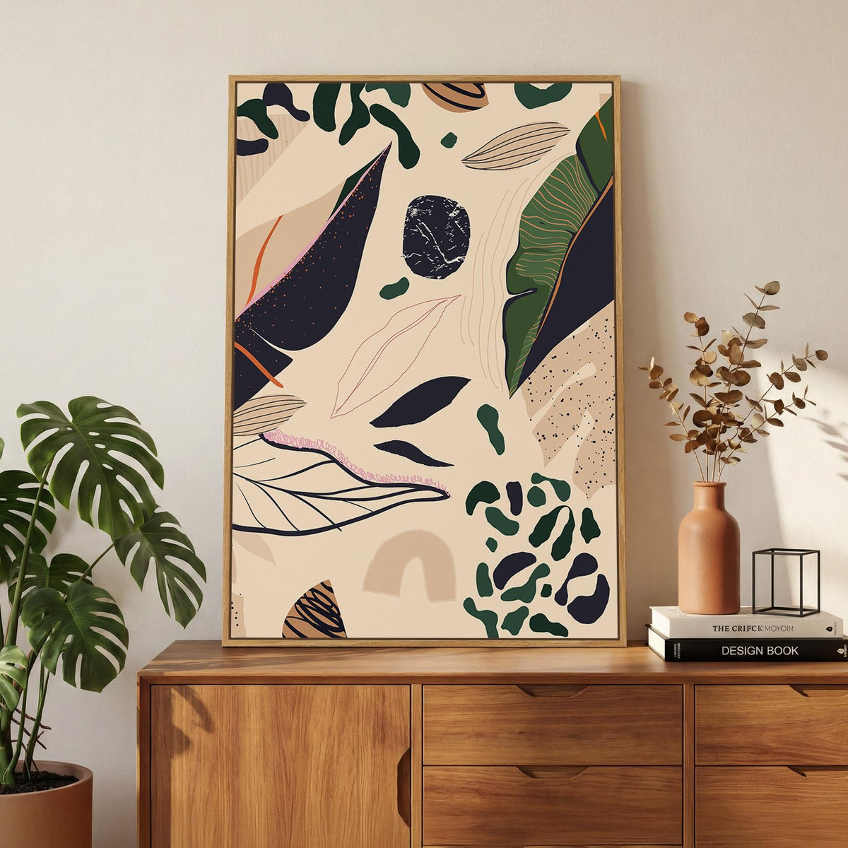 Large Framed Boho Abstract Brown Floral Wall Art for Living Room, 24x36 In