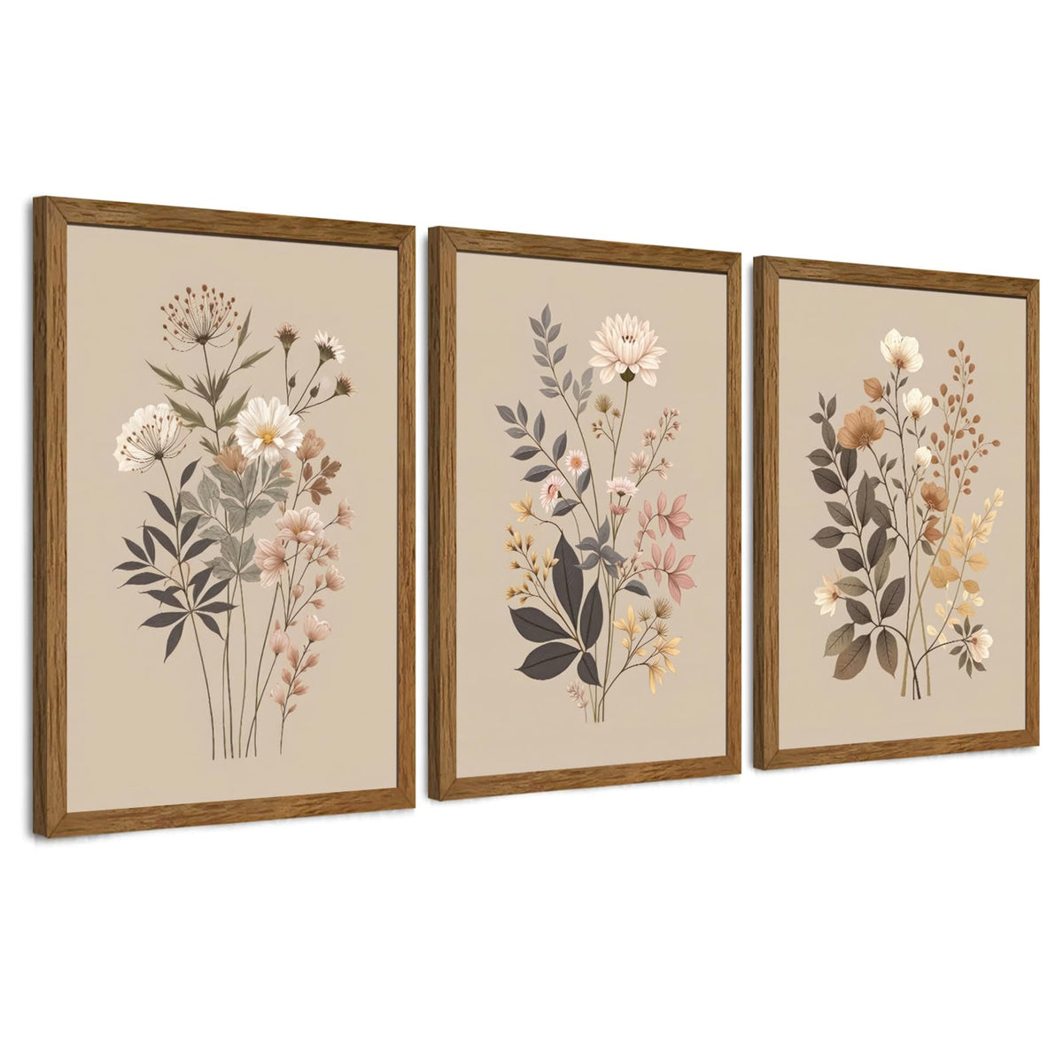 AVECCO 3 Piece Vintage Wildflower Botanical Framed Canvas Wall Art 12x16 in