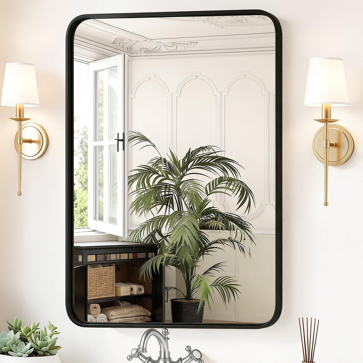 Sweetcrispy Bathroom Wall Mirror, 36x24 Inch Mirror for Over Sink, Black