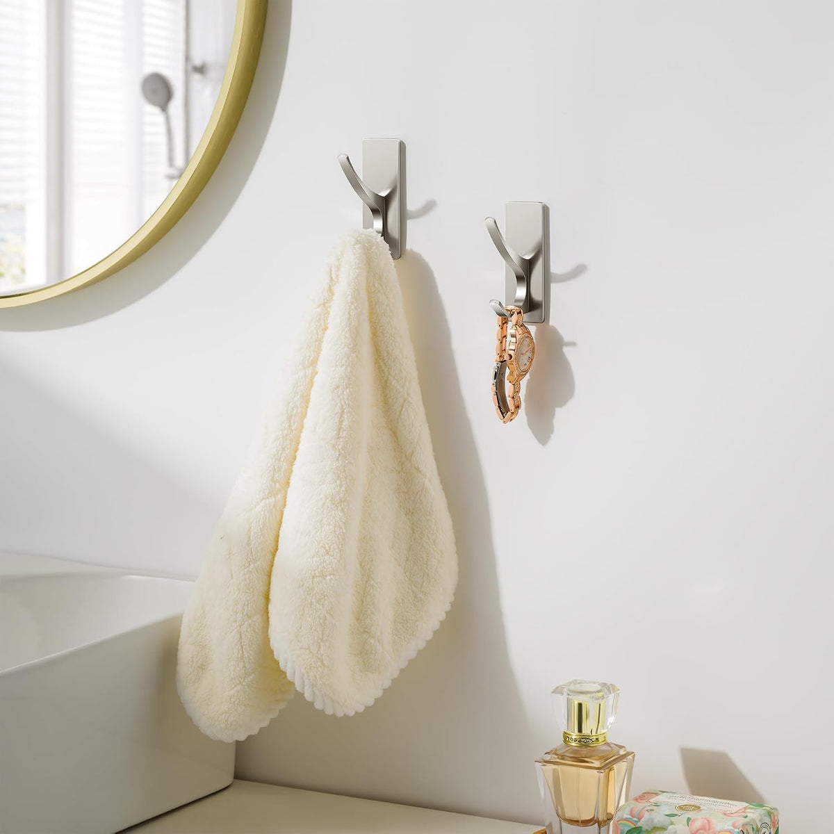 Self Adhesive Towel Hooks: Extra Strong 13LB, Stainless Hook for Hanging Loofah, Towels, Coat, Bath Robe Bathroom Shower, Brushed Nickel, 4 Pack