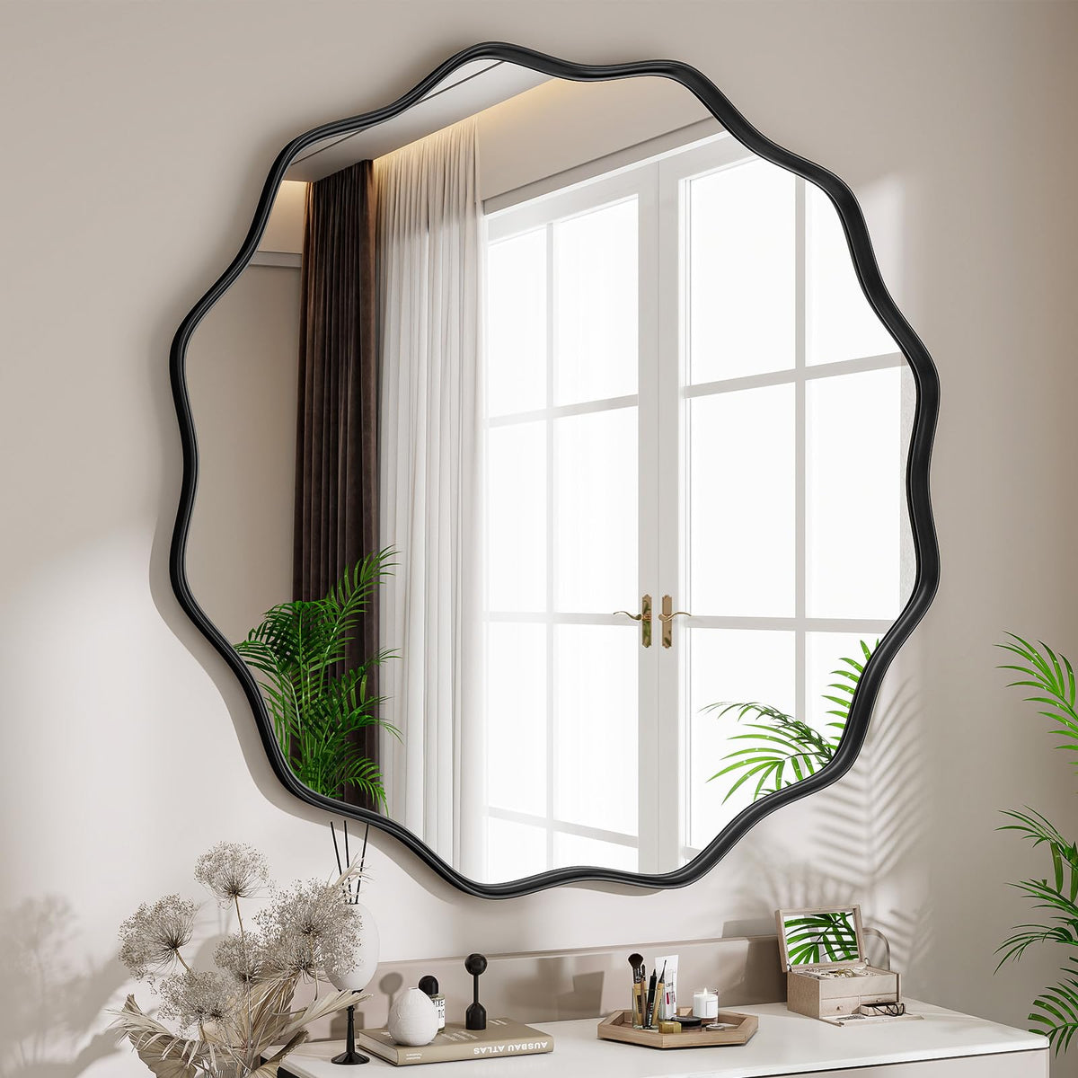 Wavy Round Mirror, 30" Scalloped Metal Frame Gold Circle Mirror
