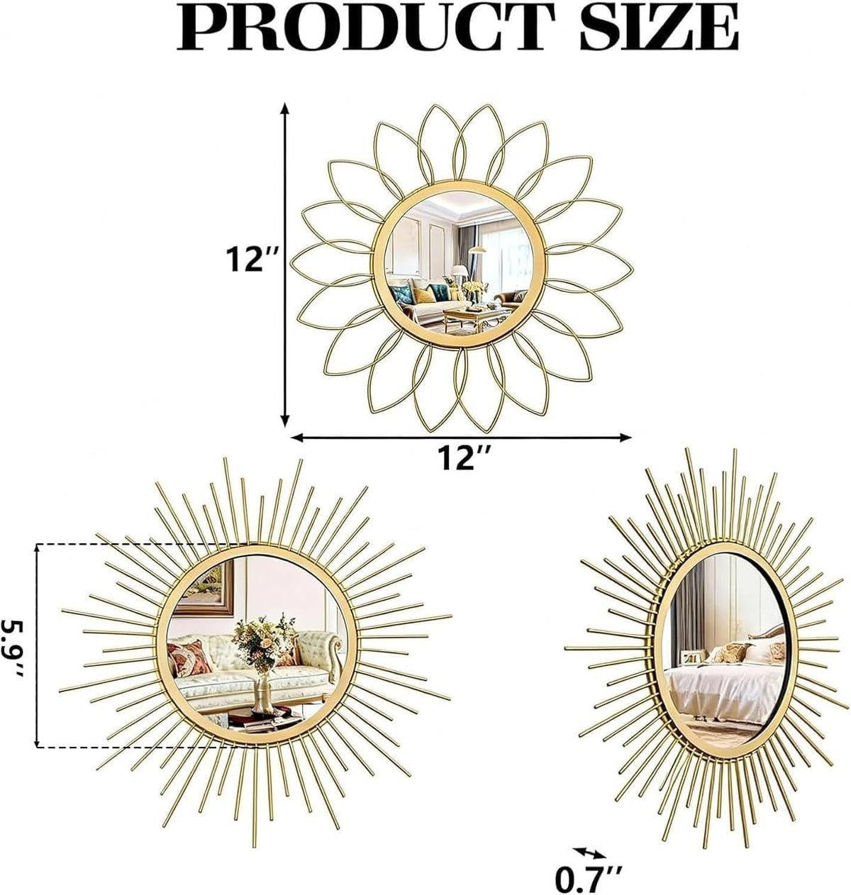 Boho Sunburst Wall Mirror Set of 3, 12 Inch Round Antique & Modern Metal Wall Art, Hanging Over The Door Mirrors for Wall Decor in Living Room, Bedroom, Bathroom, Entryway（Gold）