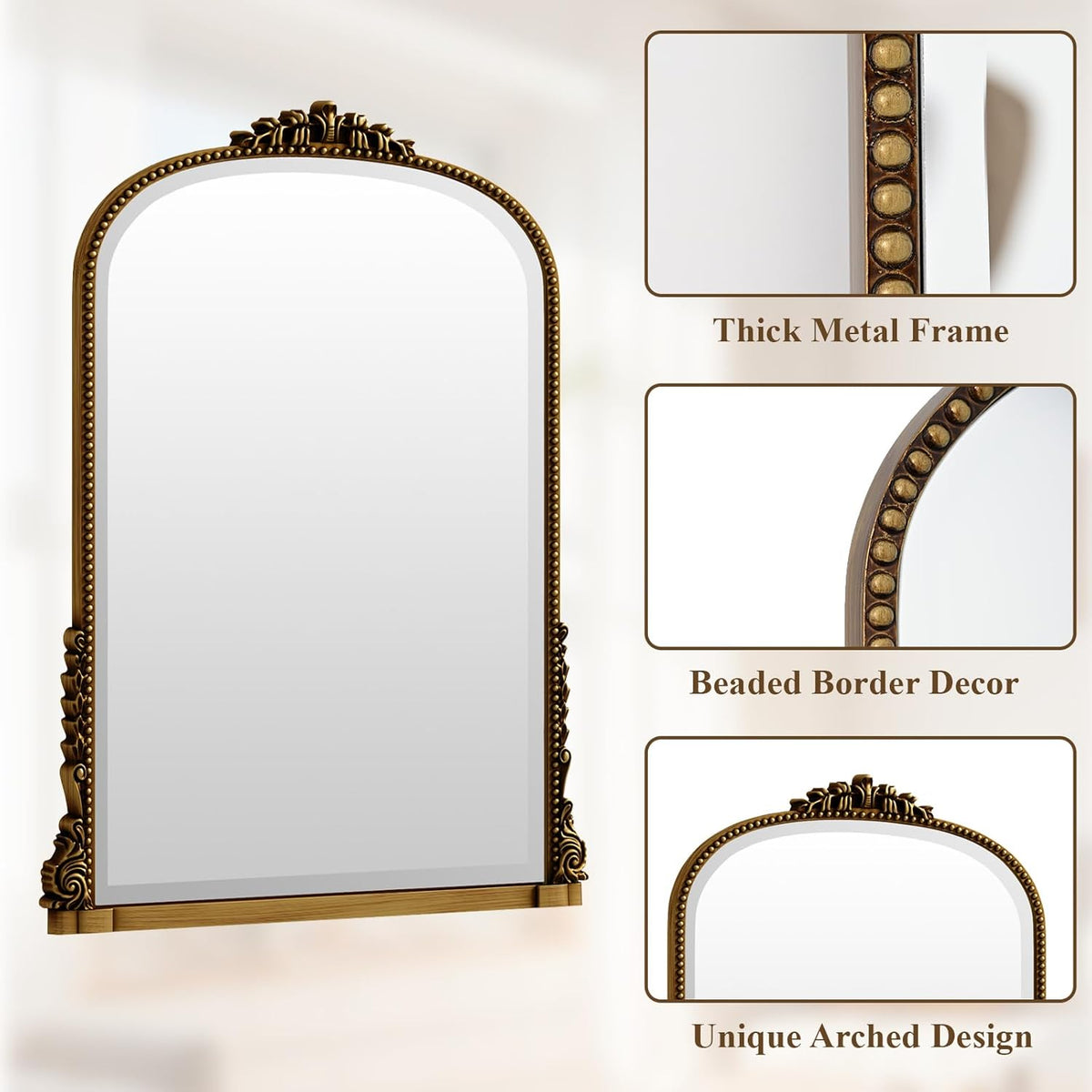 24"×32" Gold Arched Wall Mirror with Vintage Carving