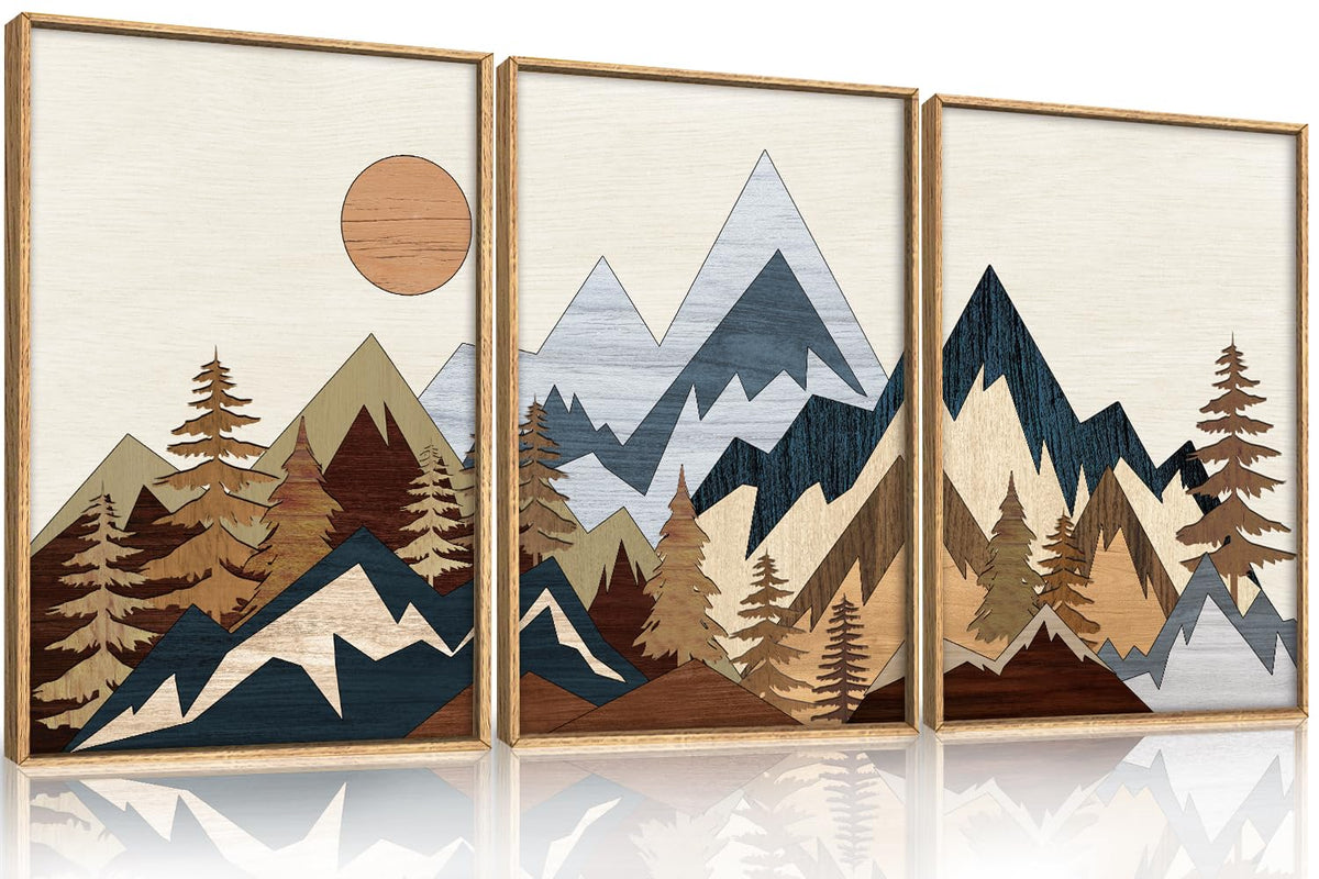 HOURIA Blue White Abstract Neutral Framed Canvas Wall Art Set- 16"x24"x3