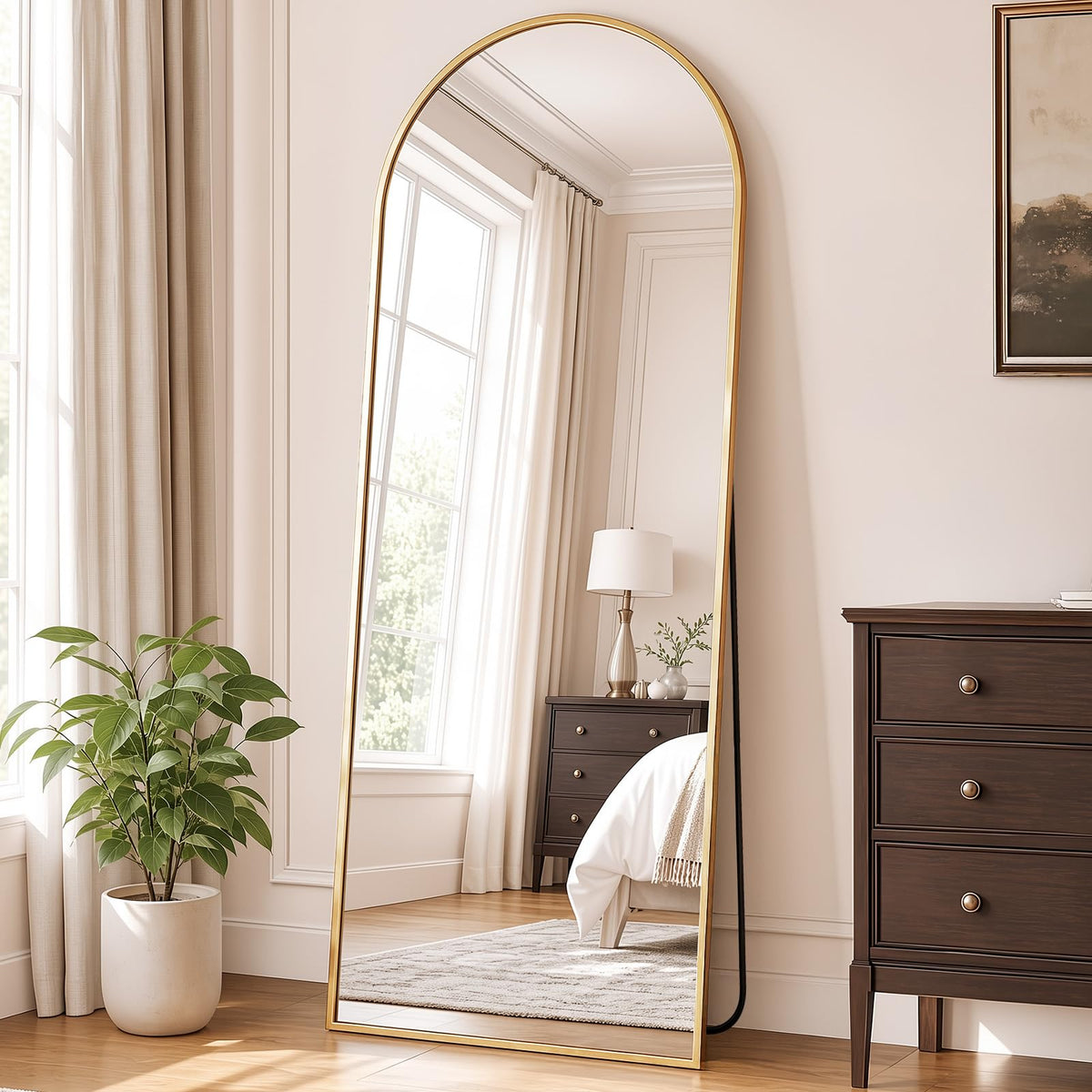 DUMOS 64"x21" Arched Full Length Floor Mirror, Full Body Mirror, Gold