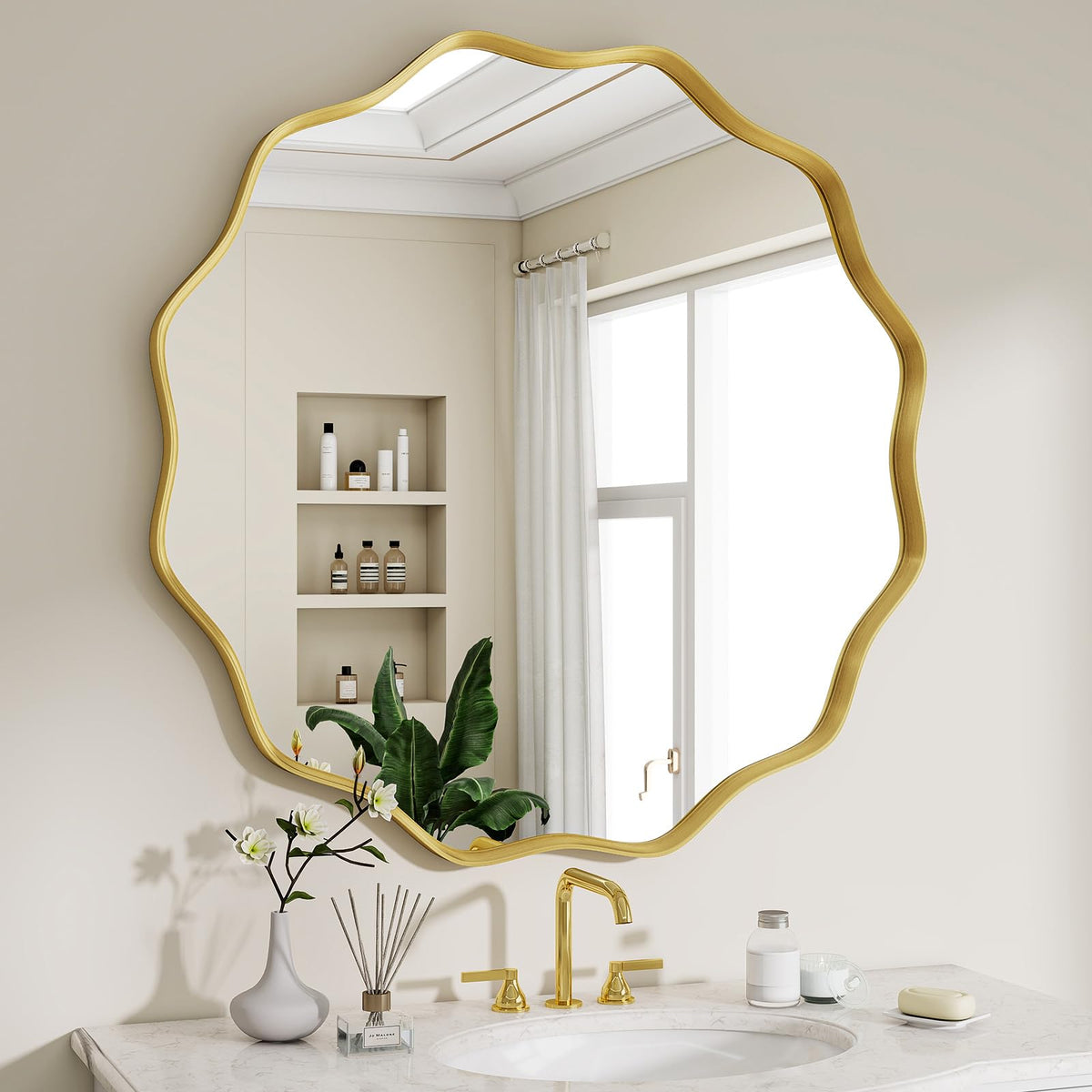 Wavy Round Mirror, 30" Scalloped Metal Frame Gold Circle Mirror